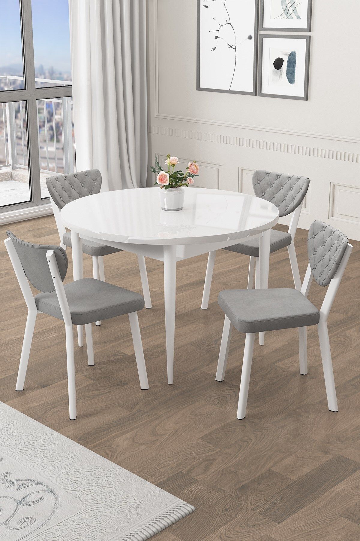 Canisa Now Serisi 90x90 Sabit Yuvarlak Beyaz Mutfak Masası Takımı 4 Gri Sandalye