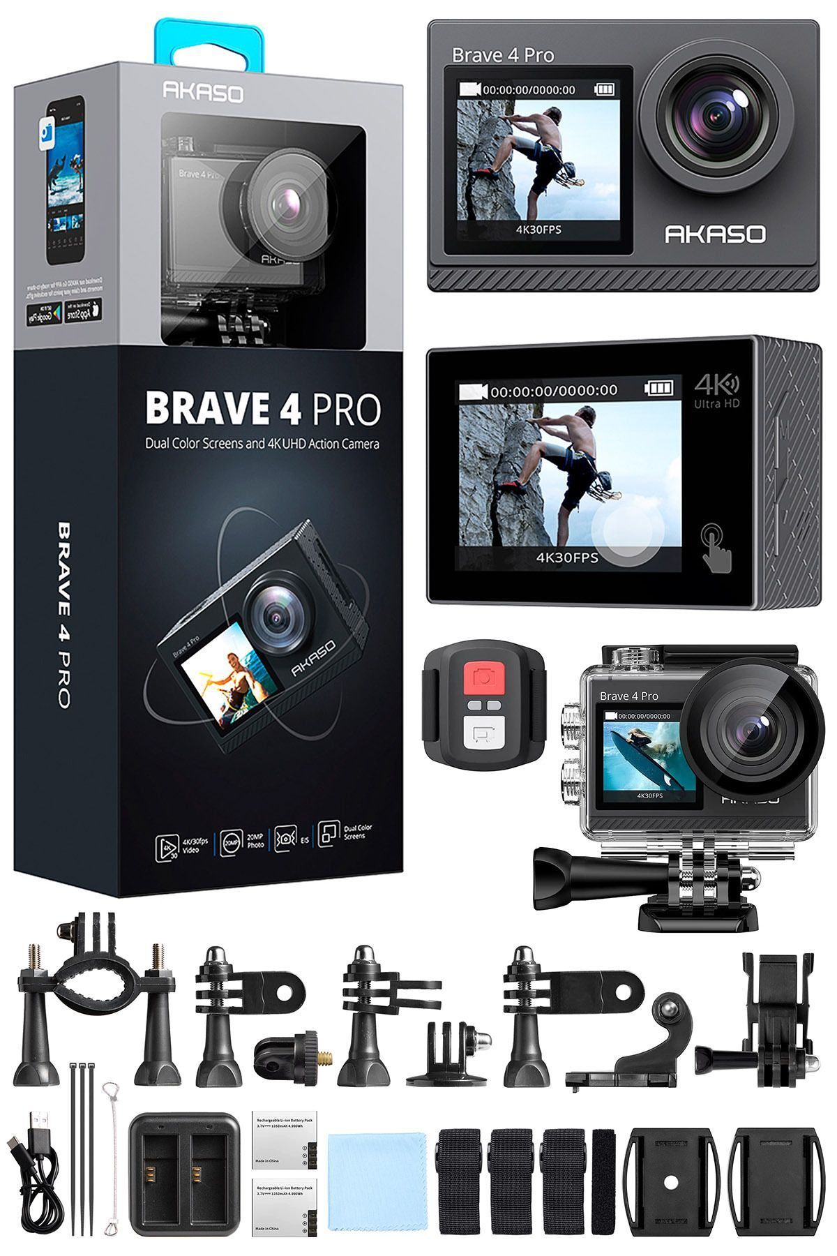 AKASO Brave 4 Pro Dual Screens 4k 30fps Wi-fi Aksiyon Kamera Ve Süper Aksesuar Seti ( Türkiye 2