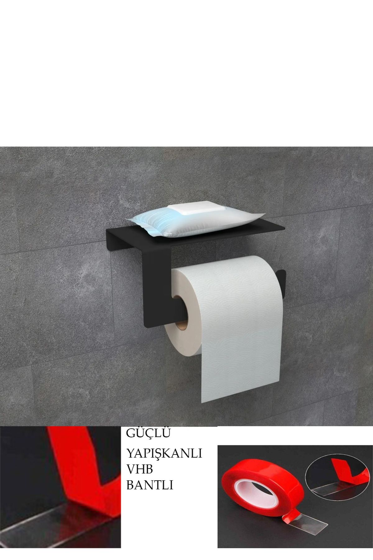 kraker Güçlü Vhb Bant Yapışkanlı Metal Mat Siyah Telefon Raflı Tuvalet Kağıtlık