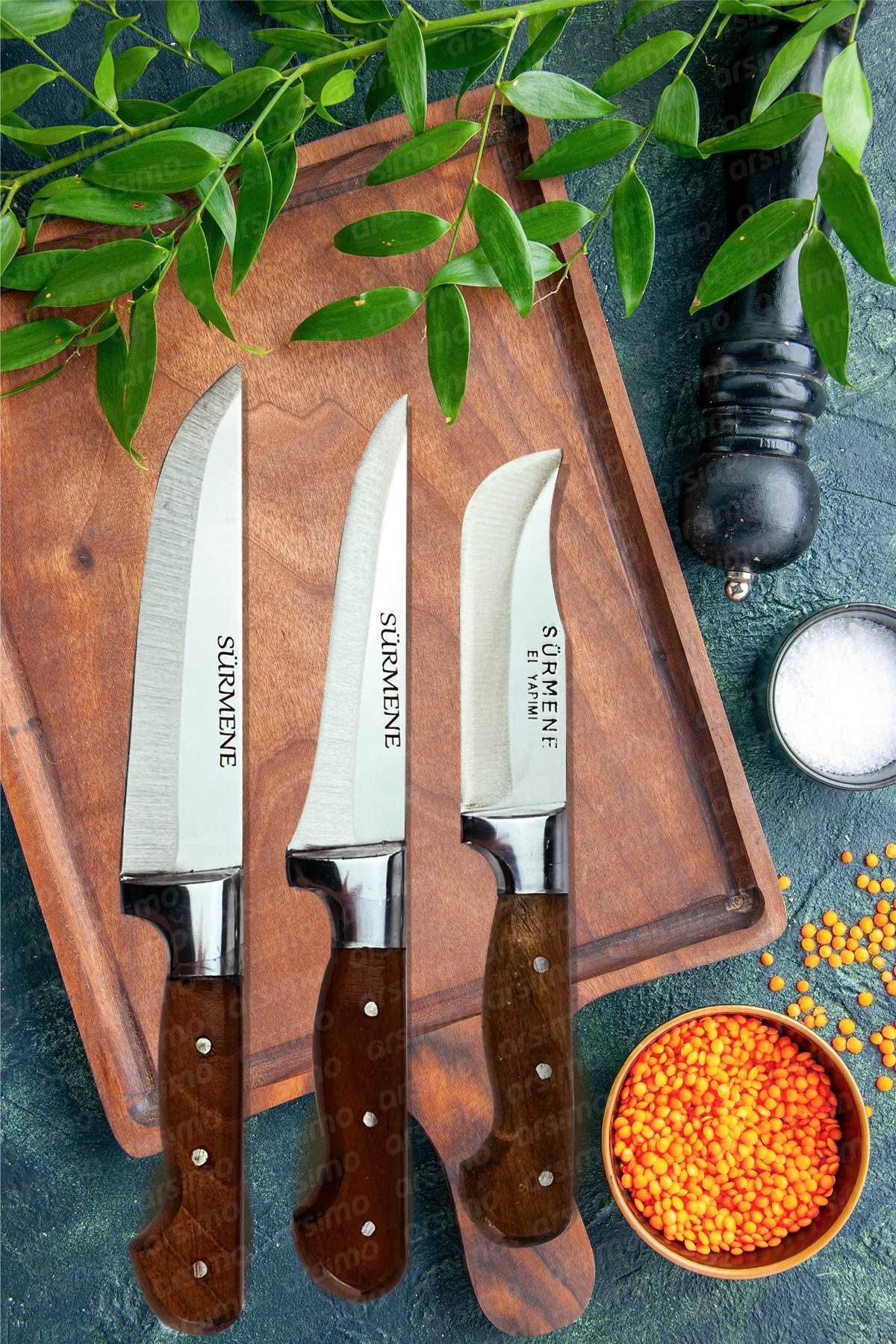 Arsimo 3'lü El Yapımı Dövme Kurban Mutfak Bıçak Seti + Kesim Tahtası