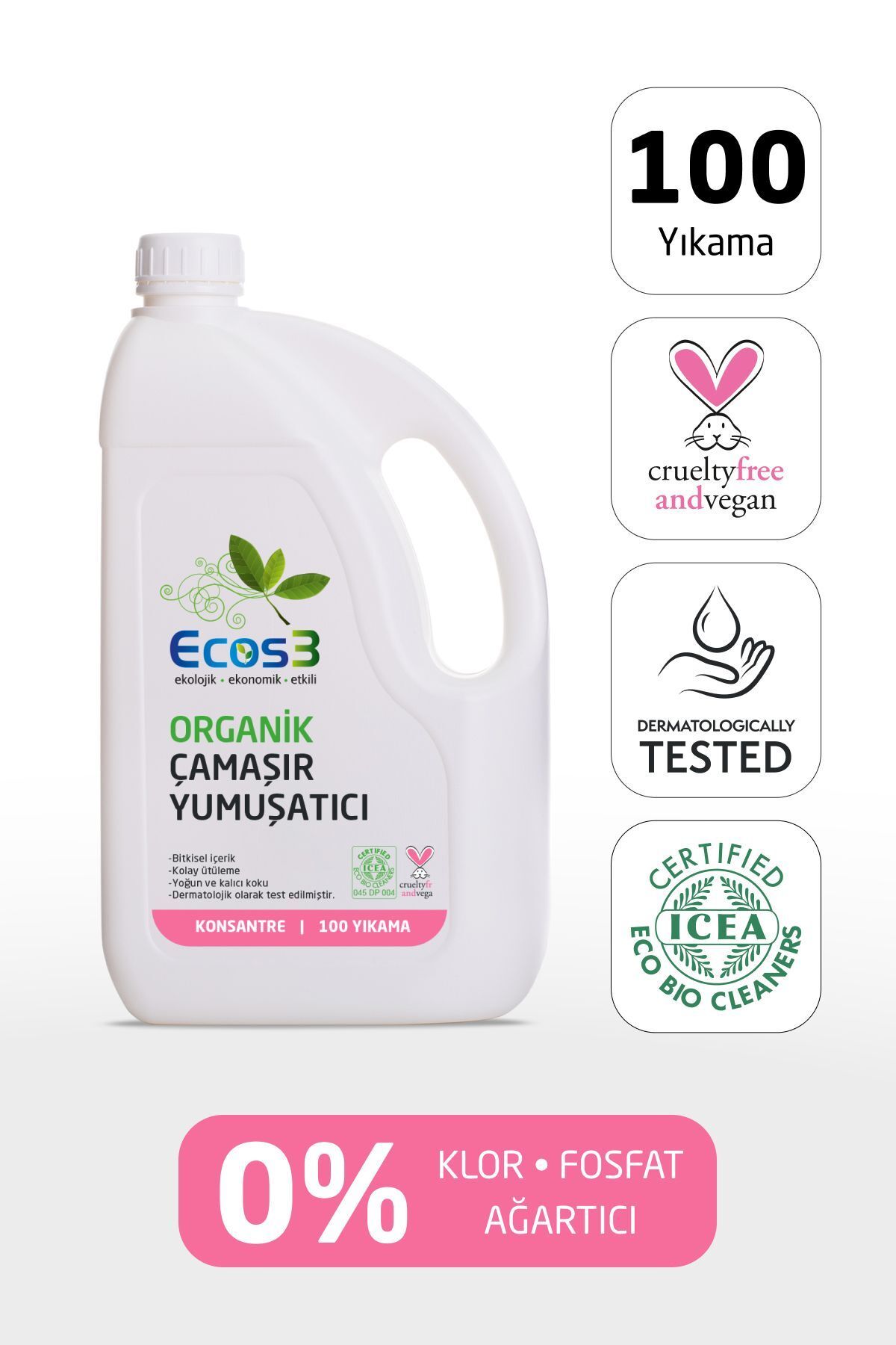 Ecos3 Çamaşır Yumuşatıcı, Organik & Vegan Sertifikalı, Bitkisel, Extra Konsantre, 100 Yıkama, 2.5 Lt