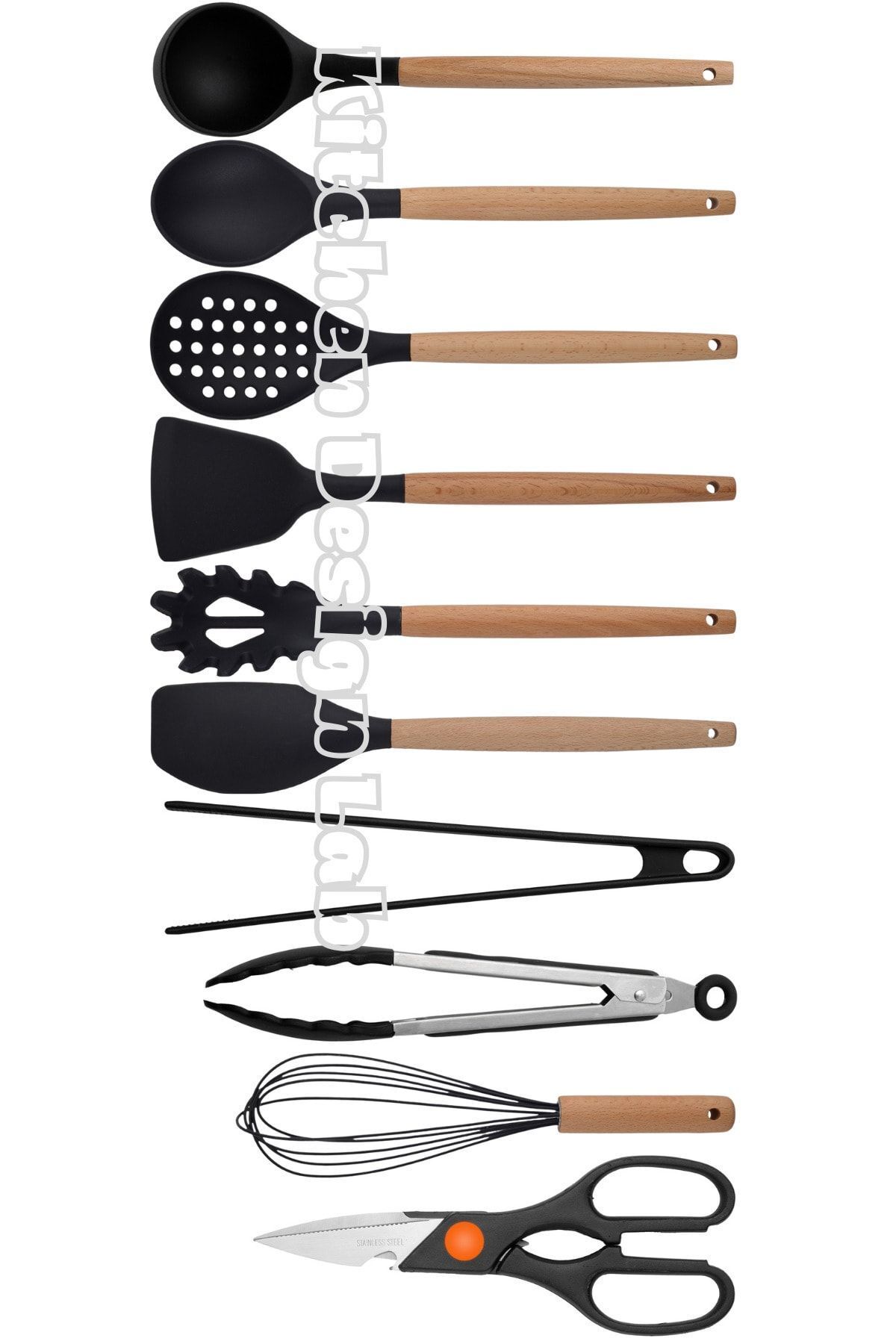 Kitchen Design Lab Siyah Bambu Silikon - Kepçe, Kaşık, Kevgir, Makarna, 2 Spatula, Silikon Metal Maşa, Makas, Çırpıcı