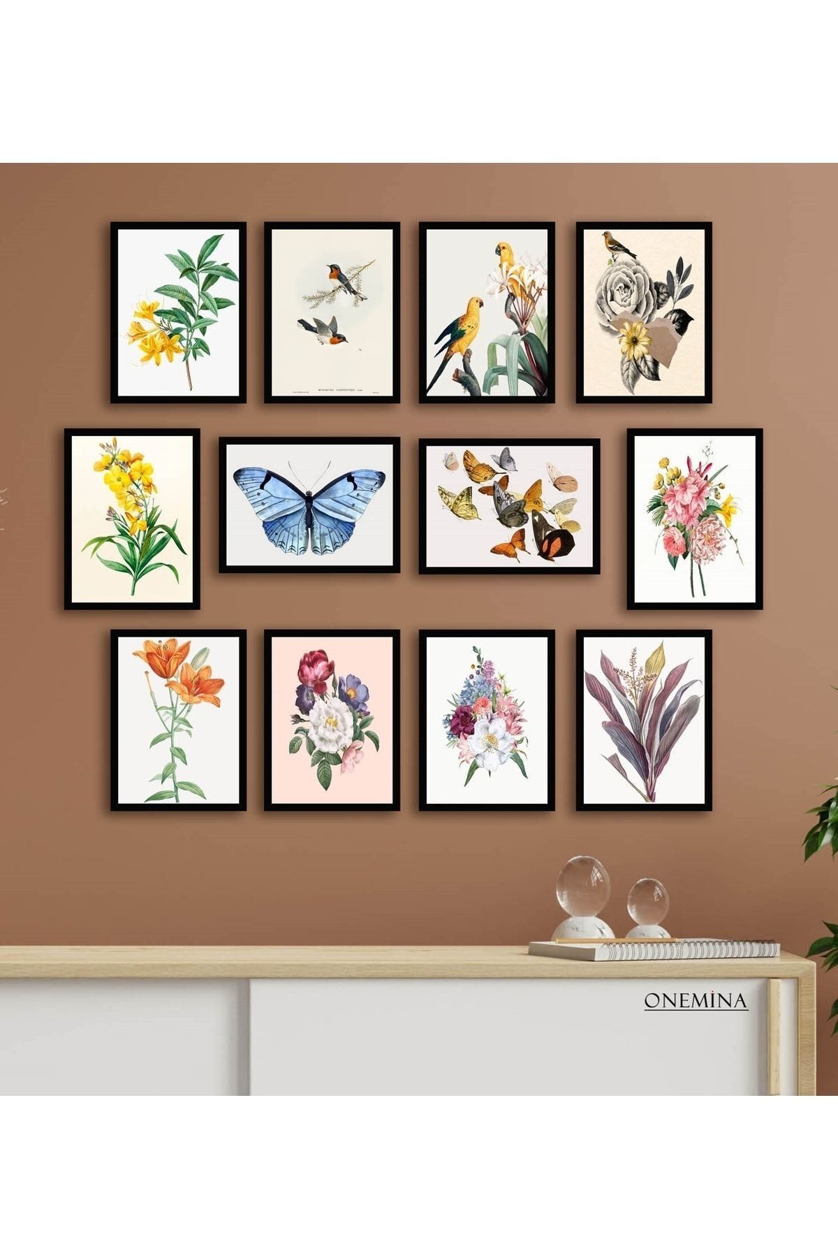OneMina 12 Parça (15X20) Uv Baskı Mdf Kelebek Kuş Çiçekli Boho Tablo Poster Seti - Set-403