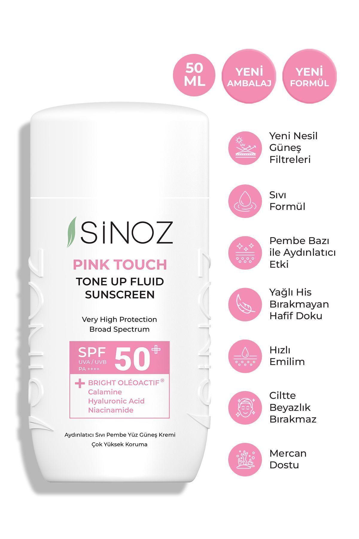 Sinoz Spf50 Pink Touch Aydınlatıcı Sıvı Yüz Güneş Kremi Yeni Nesil Güneş Filtreleri Hibrit Formül 50ml