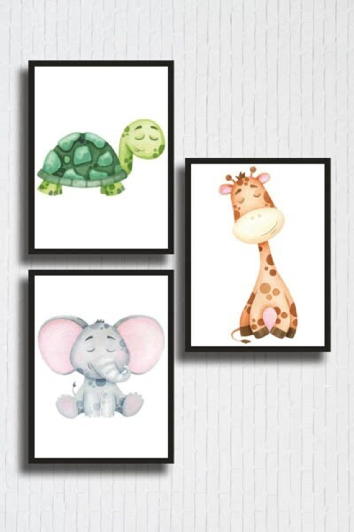 OneMina 3 Parça (15X20) Uv Baskı Mdf Çocuk Odası Sevimli Fil Zürafa Kaplumbağa Tablo Poster Seti - Set-260