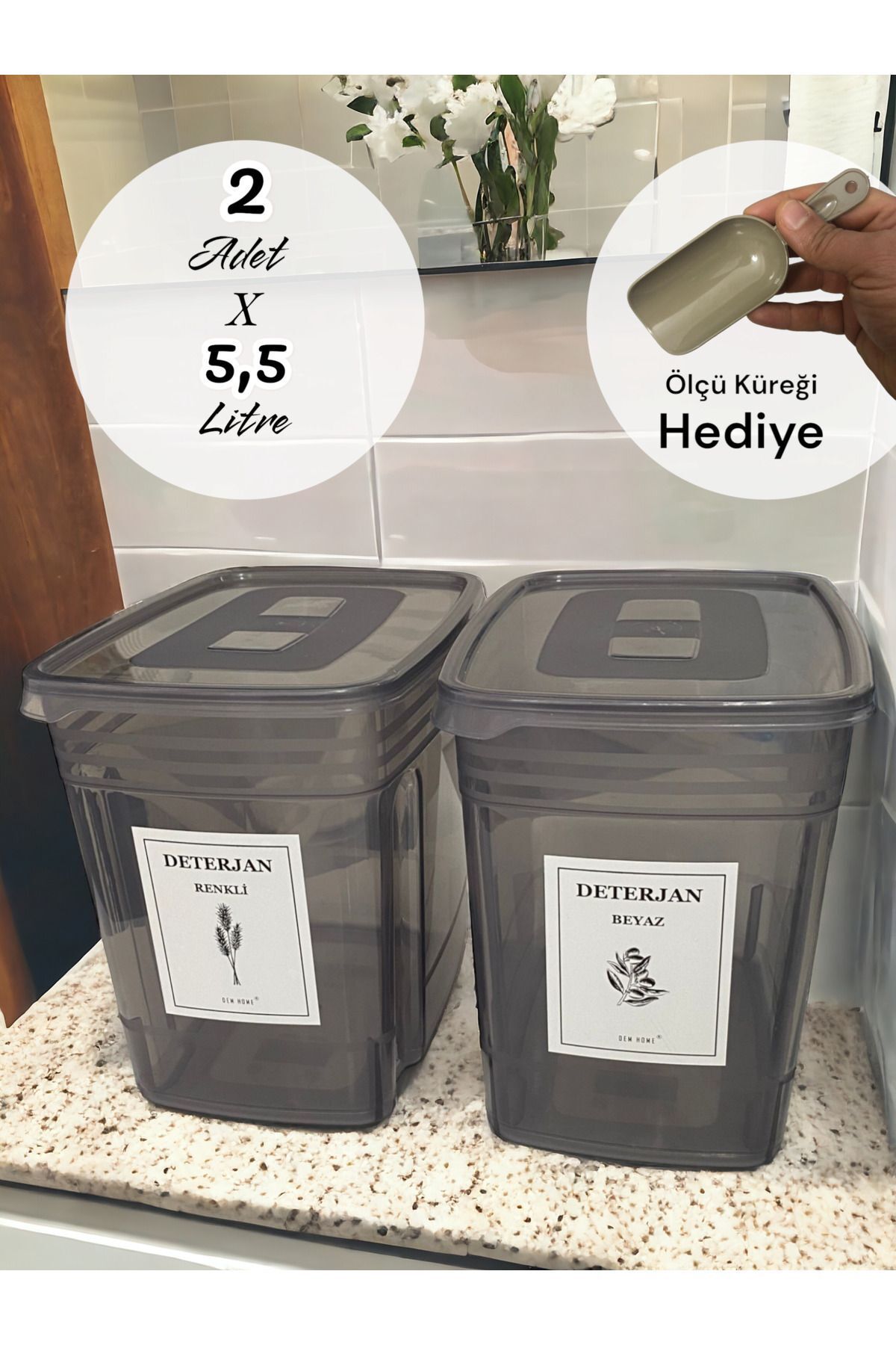 Dem Home 2'li Antrasit Deterjan Kutusu Saklama Kabı 5.5 Litre Renkli Ve Beyaz Deterjan Kutusu