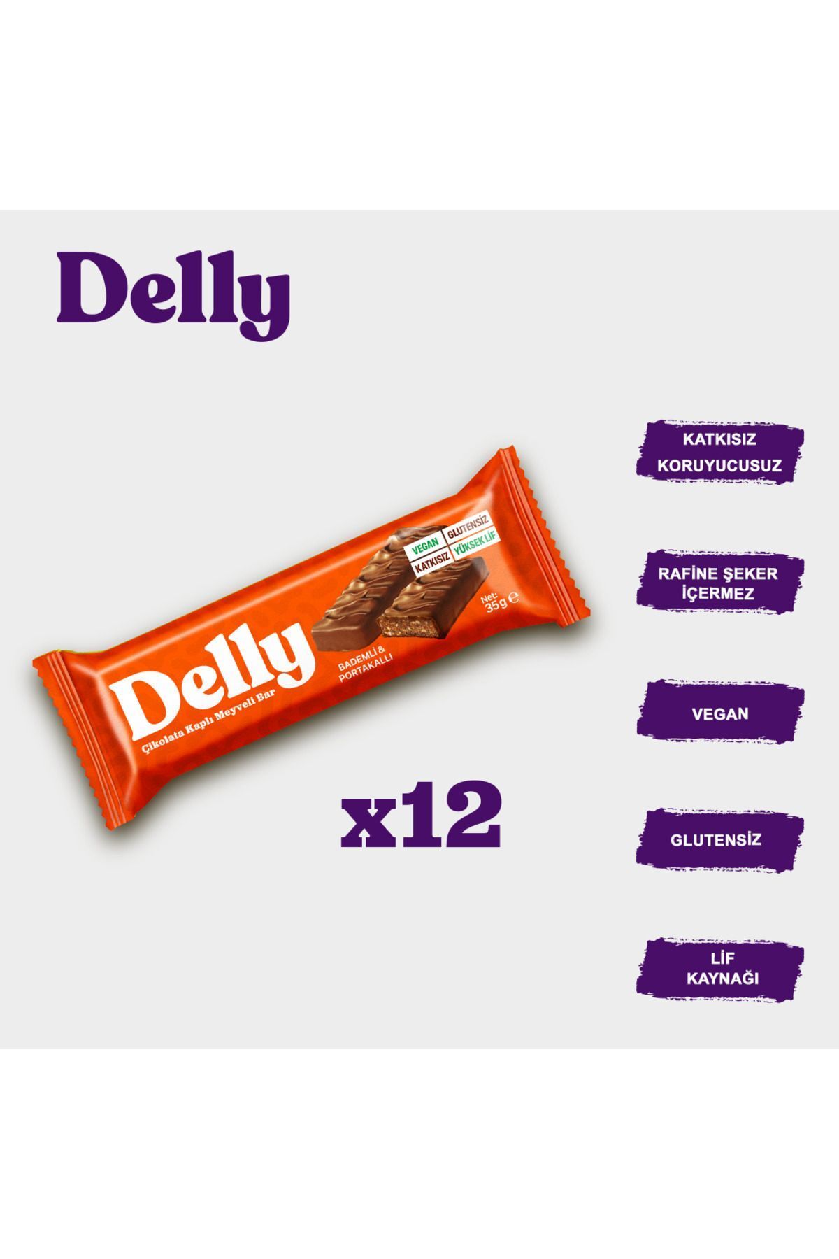 Delly Çikolata Kaplı - Bademli & Portakallı Meyveli Bar 35g X 12 Adet