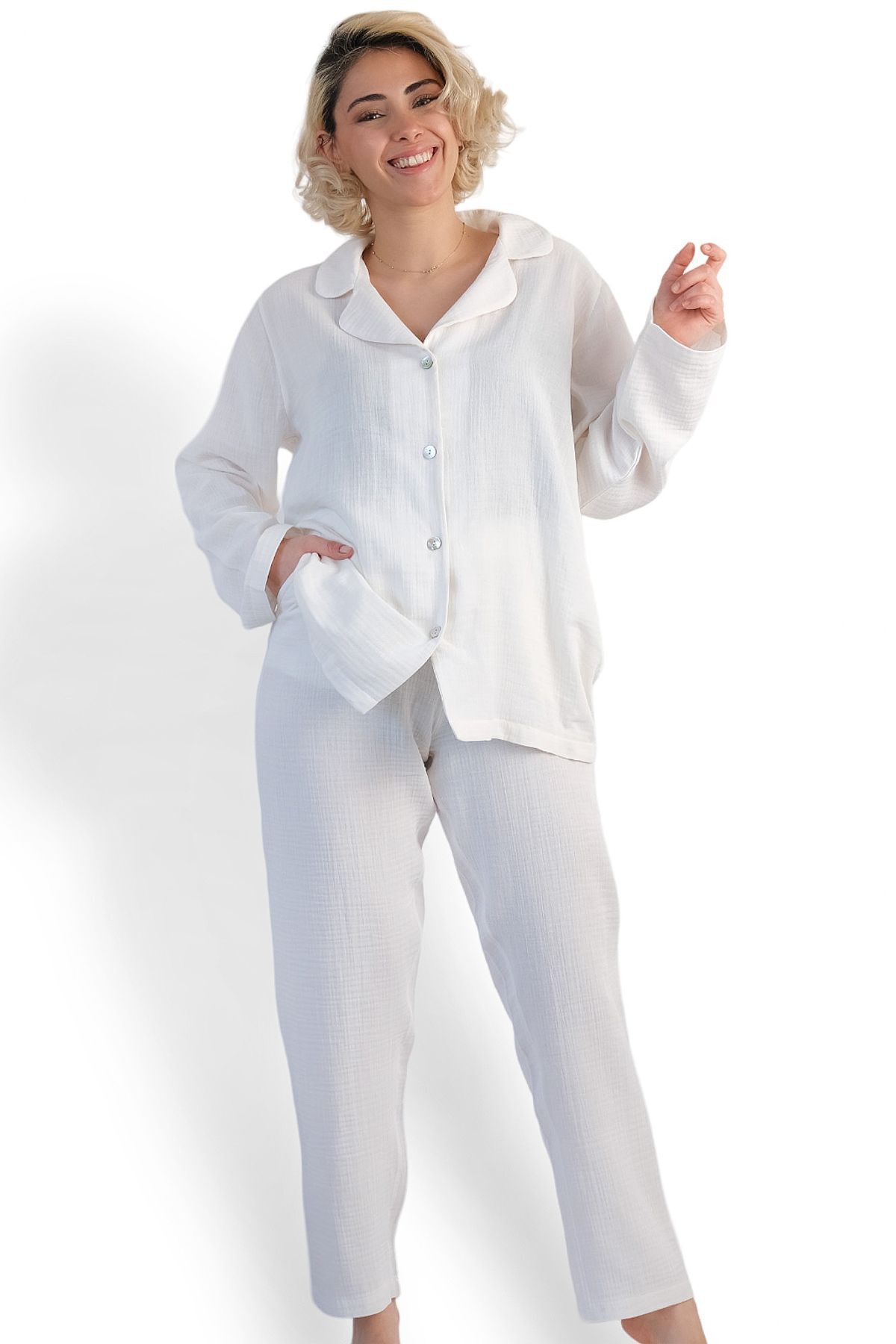 DALİSA Kadın Müslin Pijama Takımı Düğmeli Yakalı Pijama