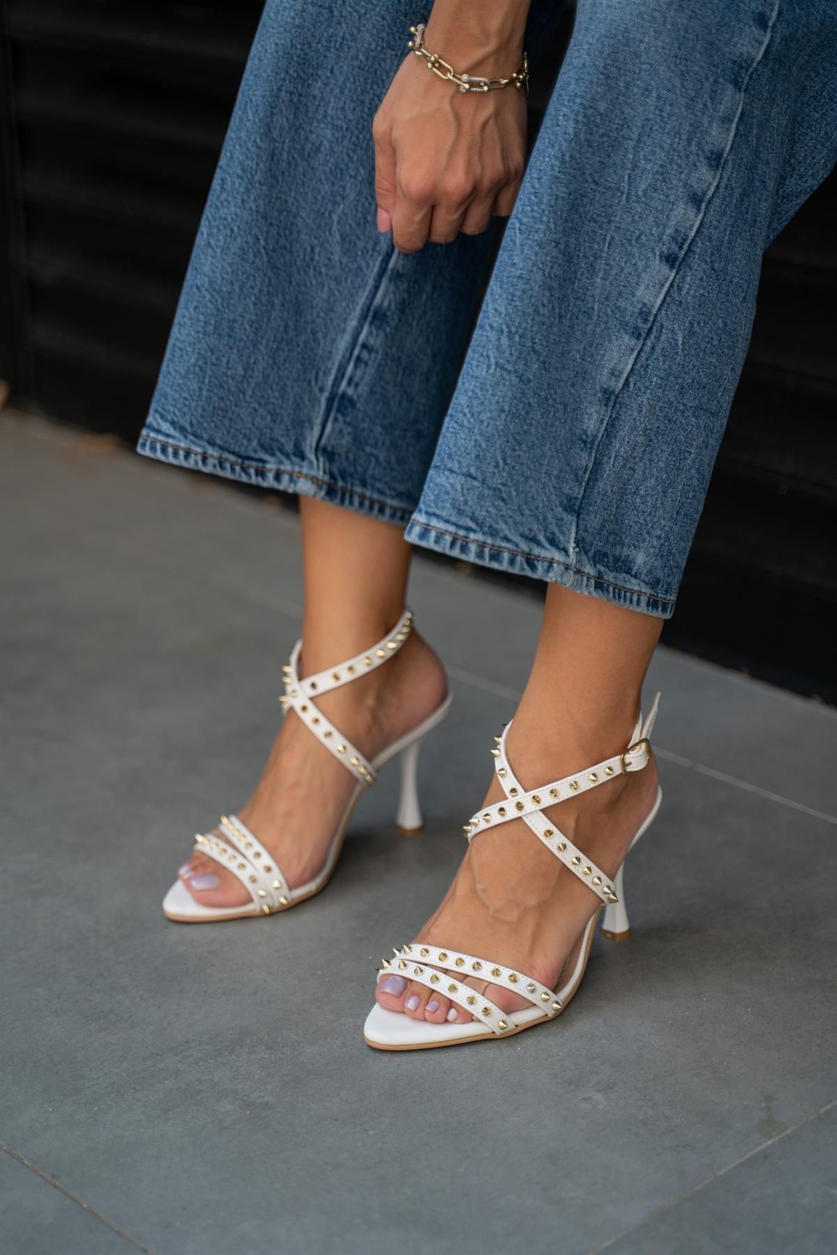 mytopuk Daisy Beyaz Renkli Pimli Kadın Topuklu Ayakkabı