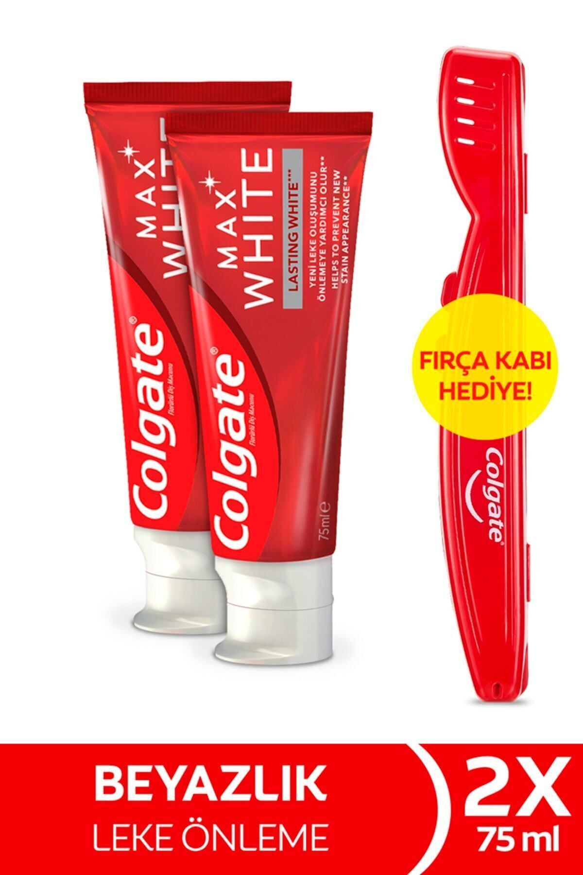 Colgate Max White Kalıcı Beyazlık Beyazlatıcı Diş Macunu 75 ml x2 Adet + Fırça Kabı Hediye