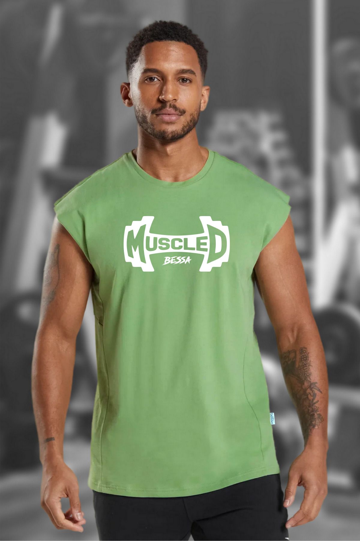 BESSA Erkek Muscled Baskılı Yeşil Oversize Bisiklet Yaka Pamuklu Kolsuz Spor T-shirt/atlet