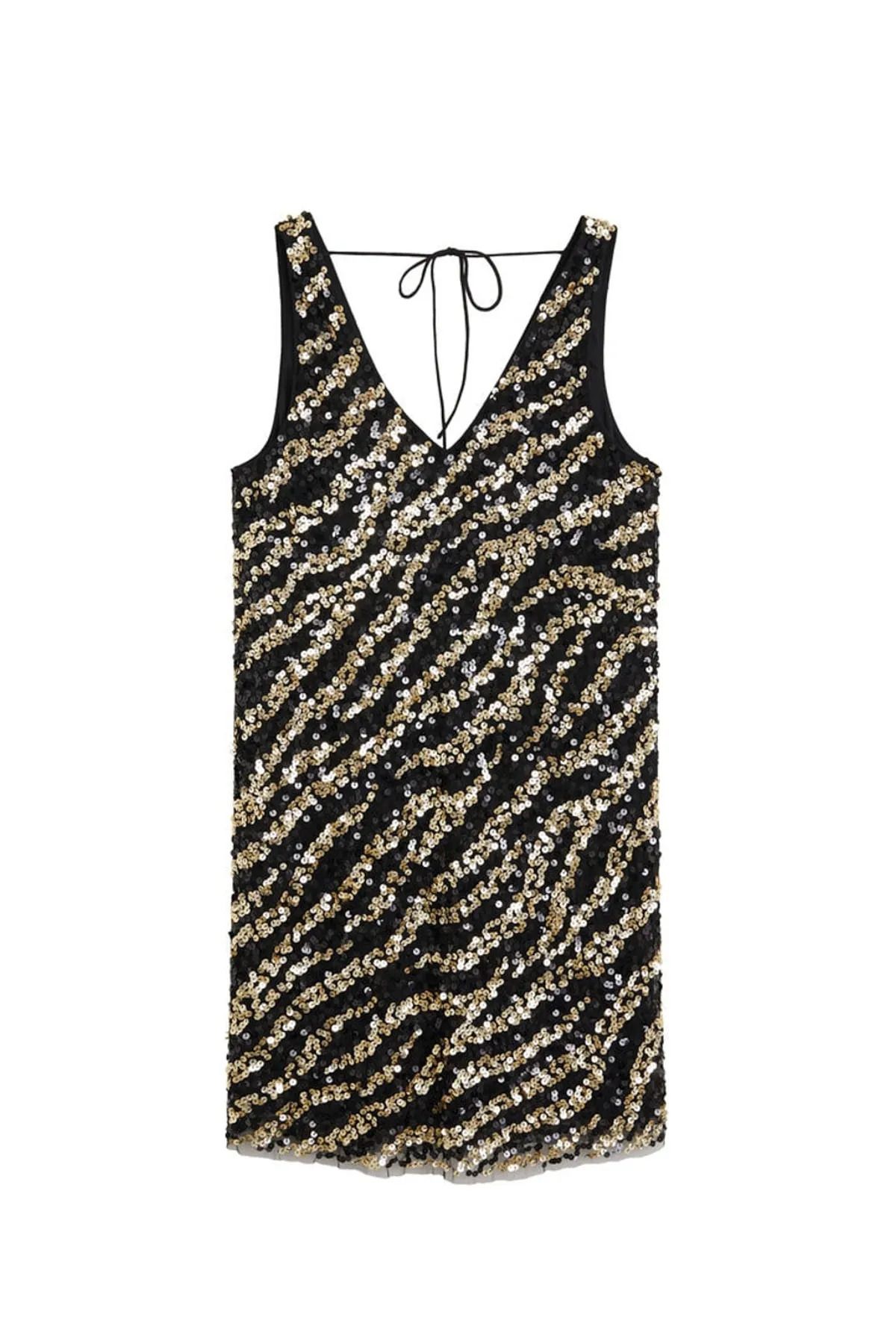 MANGO Siyah Zebra Desenli Payetli Elbise