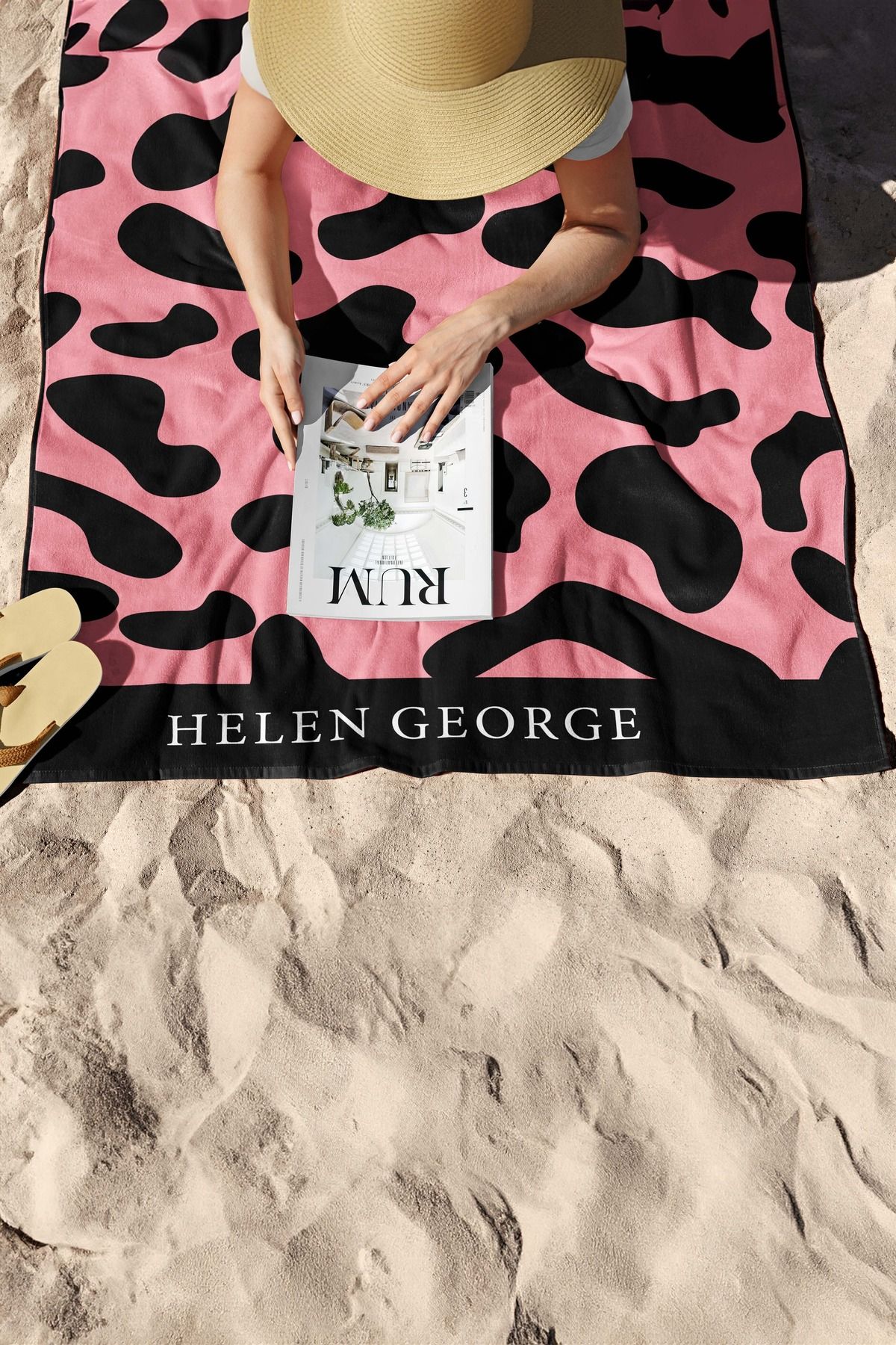 Helen George New Land - Pembe Siyah Leopar Oversize Plaj Havlusu Hgtw0001348