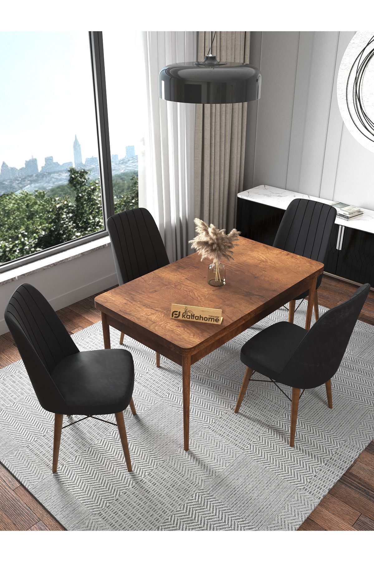 Kaffahome Fixed Serisi Barok 70x110 Sabit Yemek Masası , Yemek Masa Takımı 4 Siyah Sandalye