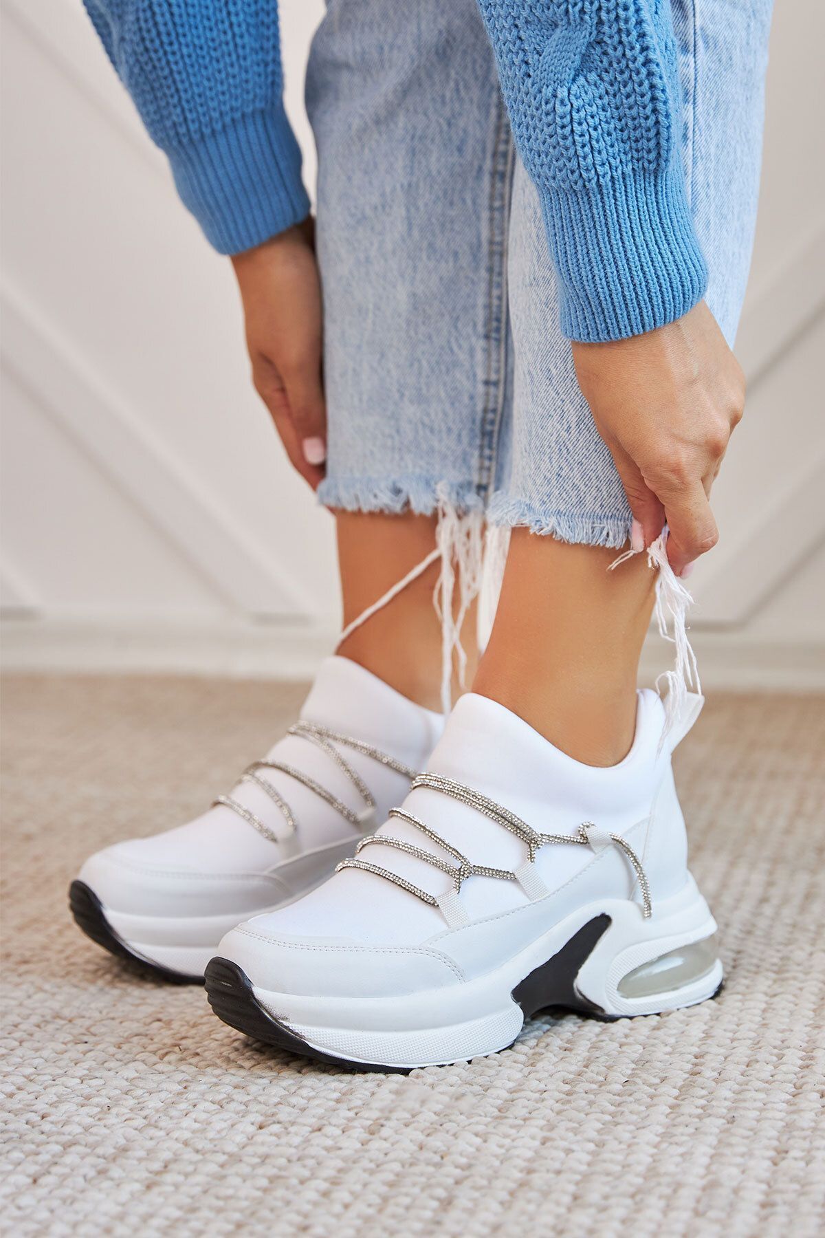 Ayakkabı Delisiyim Orka Taşlı Gizli Dolgu Topuklu Kalın Taban Kadın Spor Ayakkabı Sneaker