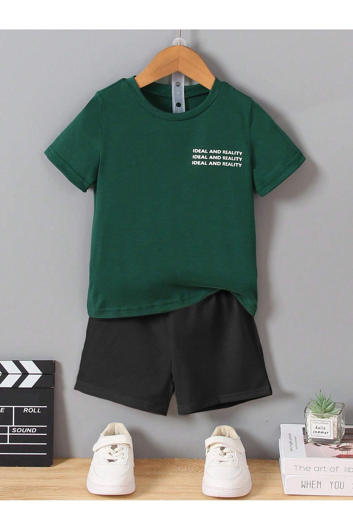 CLAYES Ideal Baskılı Pamuklu Çocuk Siyah Şort Nefti Yeşil T-shirt Takım - Çocuk Yazlık Bisiklet Yaka