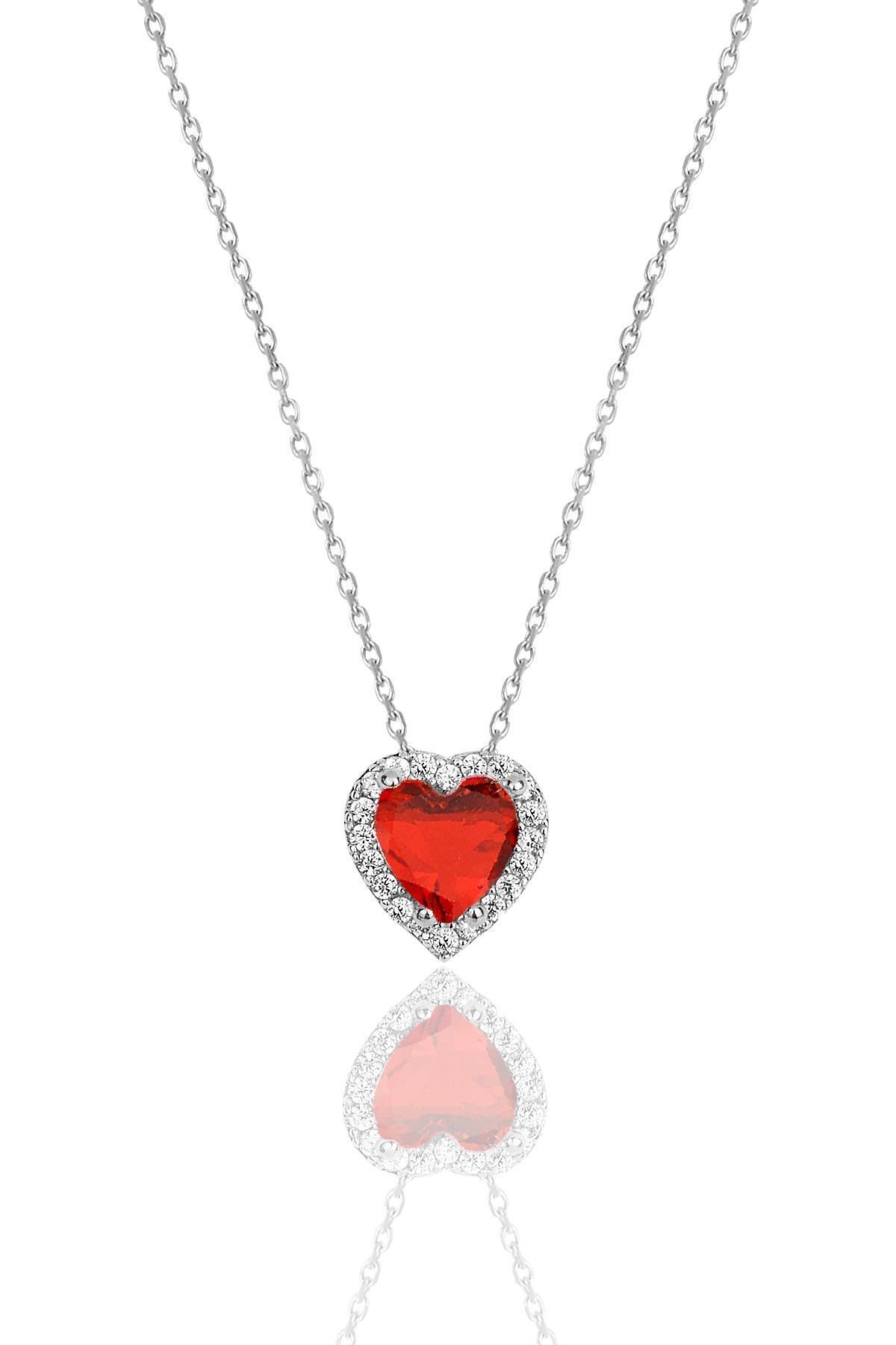 Söğütlü Silver Gümüş rodyumlu kırmızı taşlı pırlanta montürlü Kalp modeli kolye SGTL12082KIRMIZI