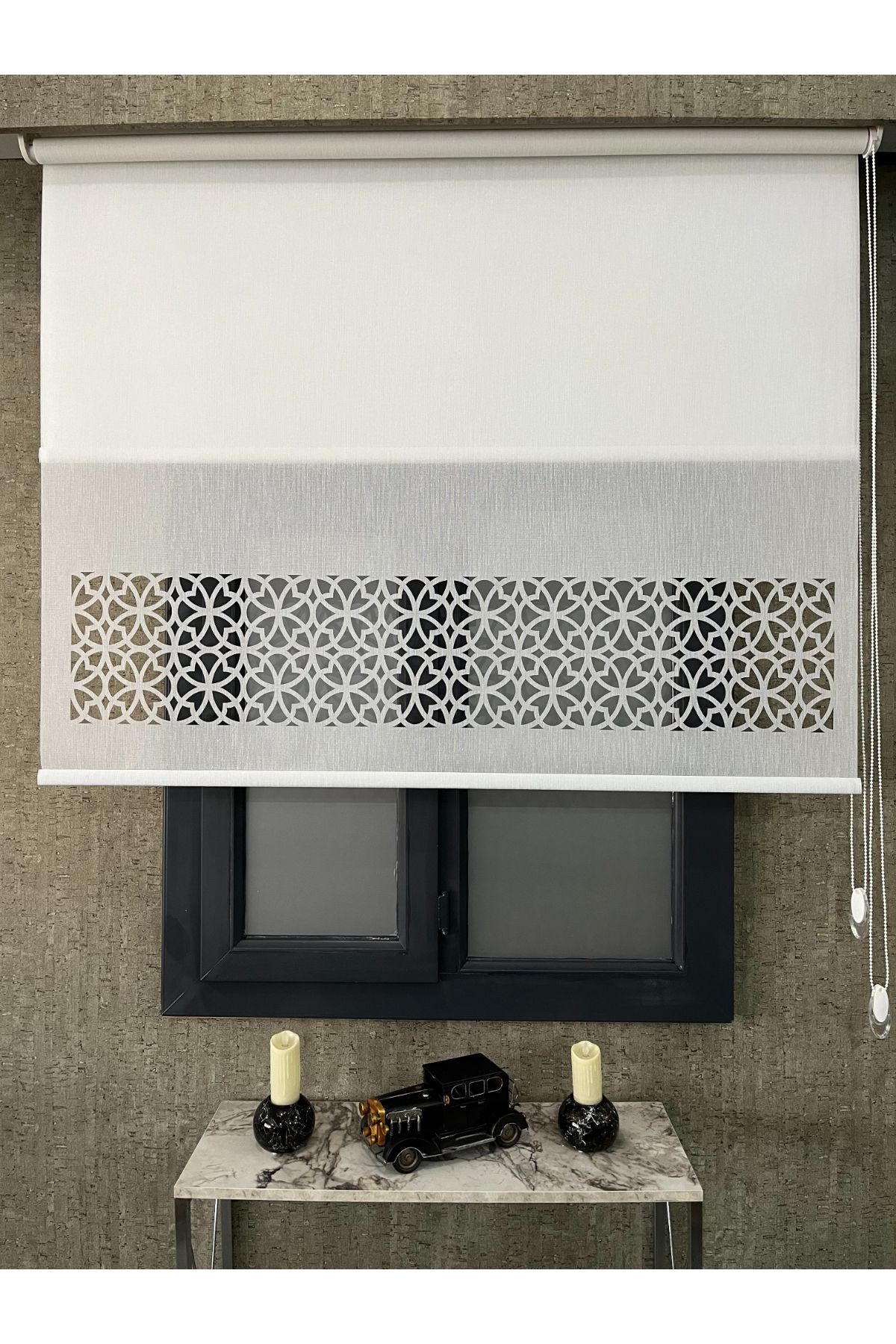 EYMENS HOME Eymen's Eym1020 Lazer Kesim Çift Mekanizmalı Tül Ve Stor Perde Beyaz