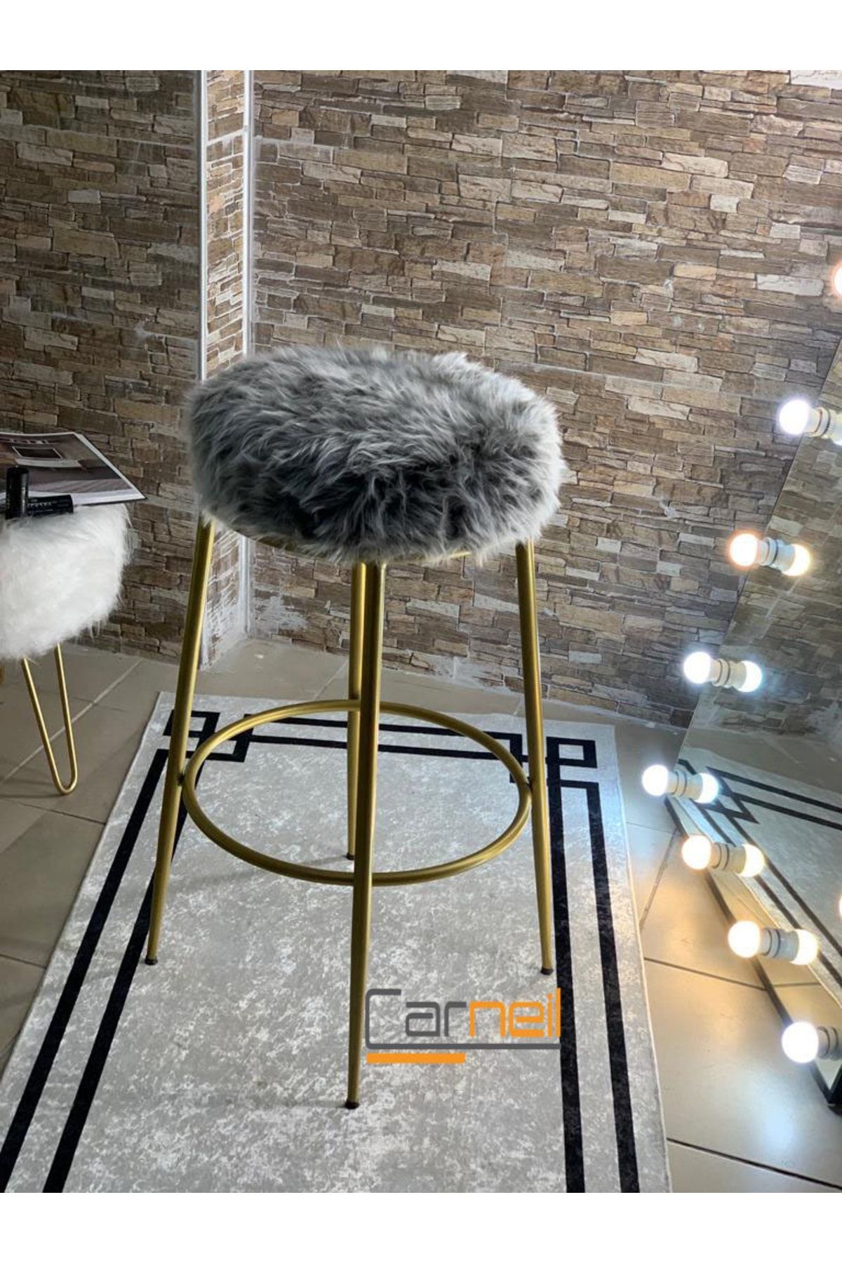 Carneil 75cm 1 Adet Lotus Peluş Bar Sandalyesi Gold Gövde - Antrasit Gri Peluş Estetik Bar Taburesi