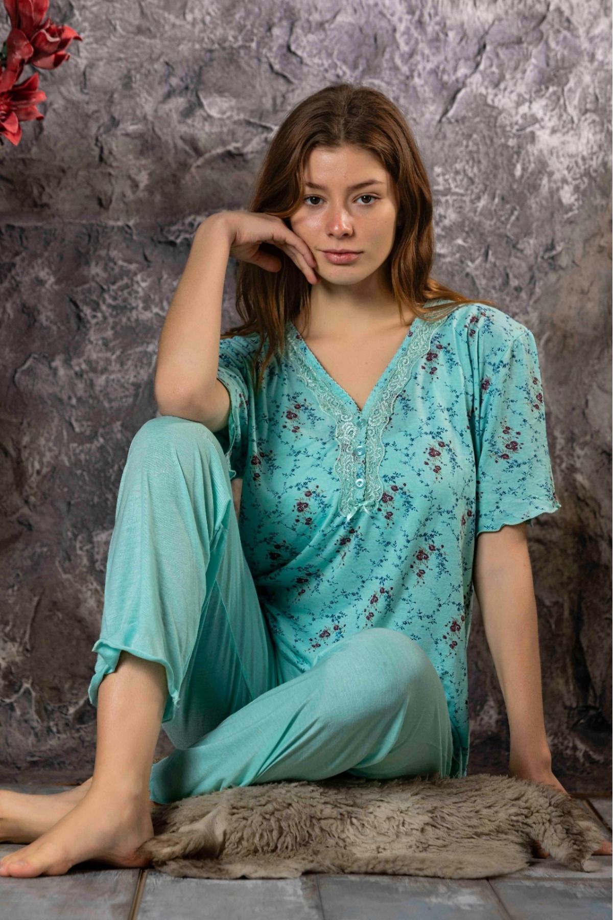 Meba Kadın Yaka Düğmeli Kısa Kollu Yeşil Bambu Penye Pijama Takımı /16