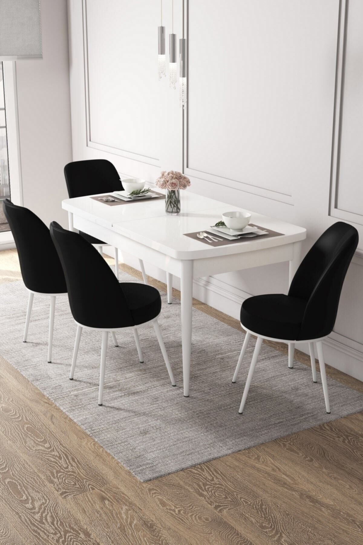 Canisa Concept Kor Serisi 70x114 Açılabilir Mutfak Masa Takımı, Beyaz Masa 4 Siyah Sandalye
