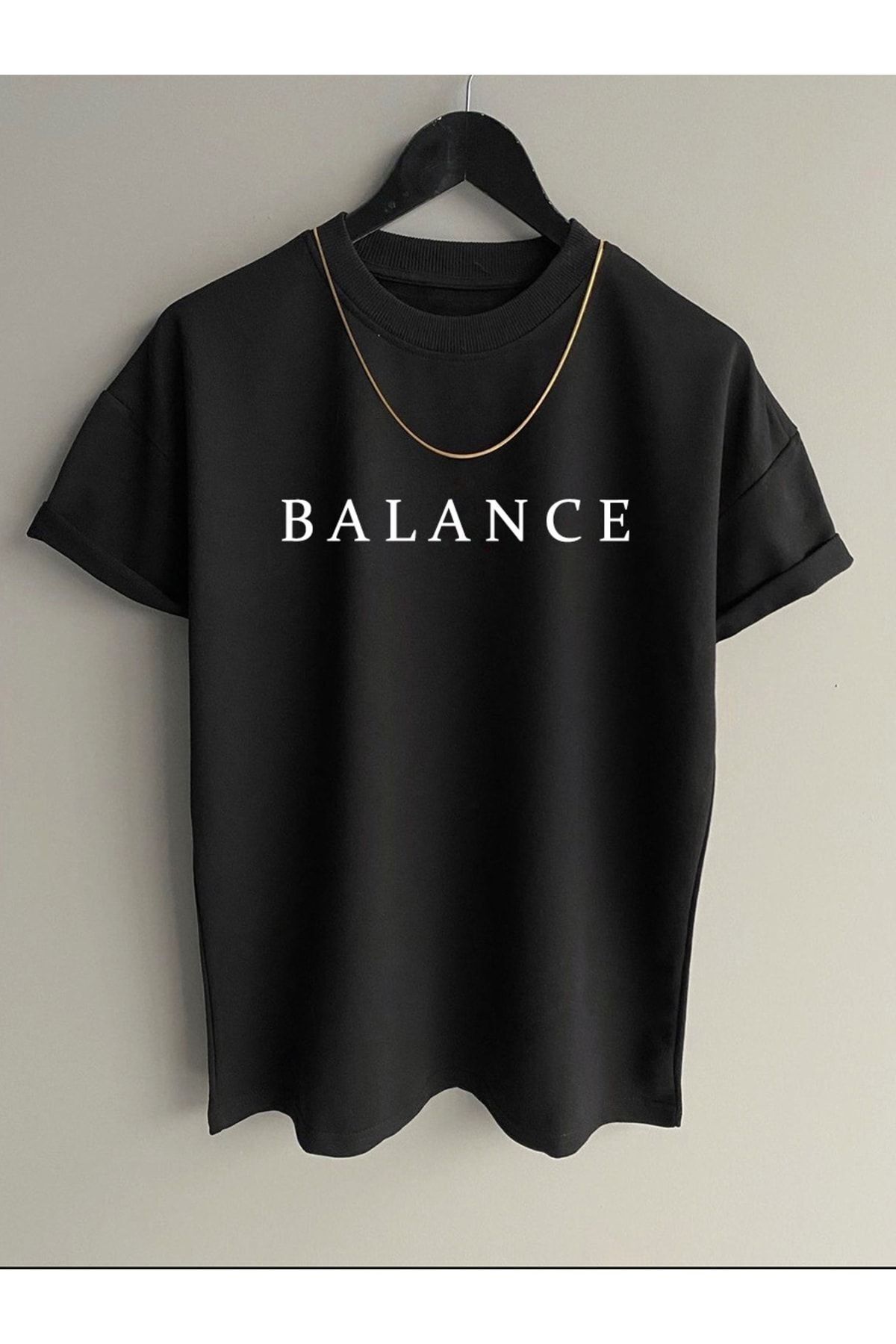 PALPİTO Erkek Siyah Balance Baskılı Oversize T-Shirt