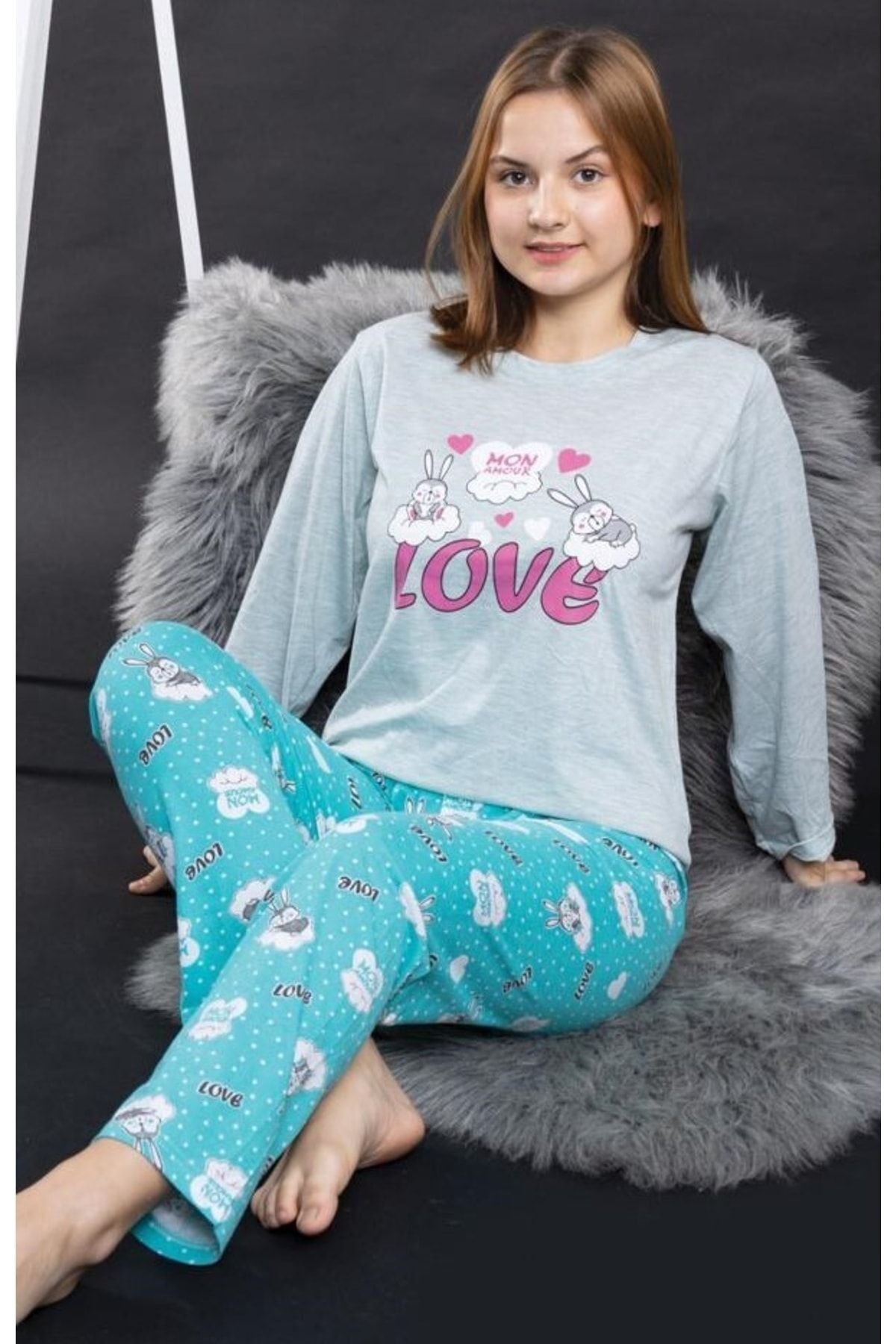Pyjama Familya Genç Kız Uzun Kollu Tavşan Figürlü Mevsimlik Pijama