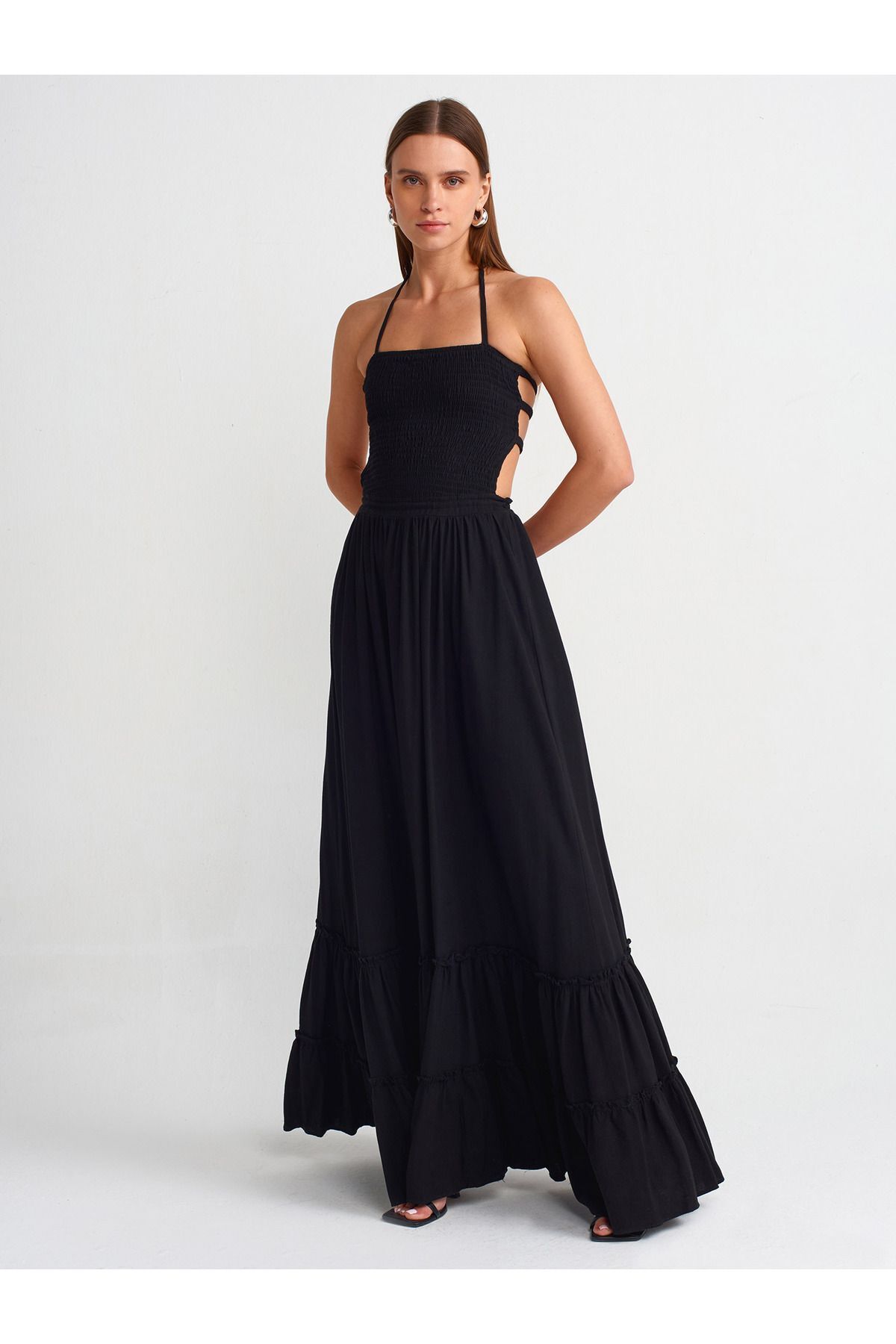 Dilvin 90775 Uzun Keten Elbise-siyah