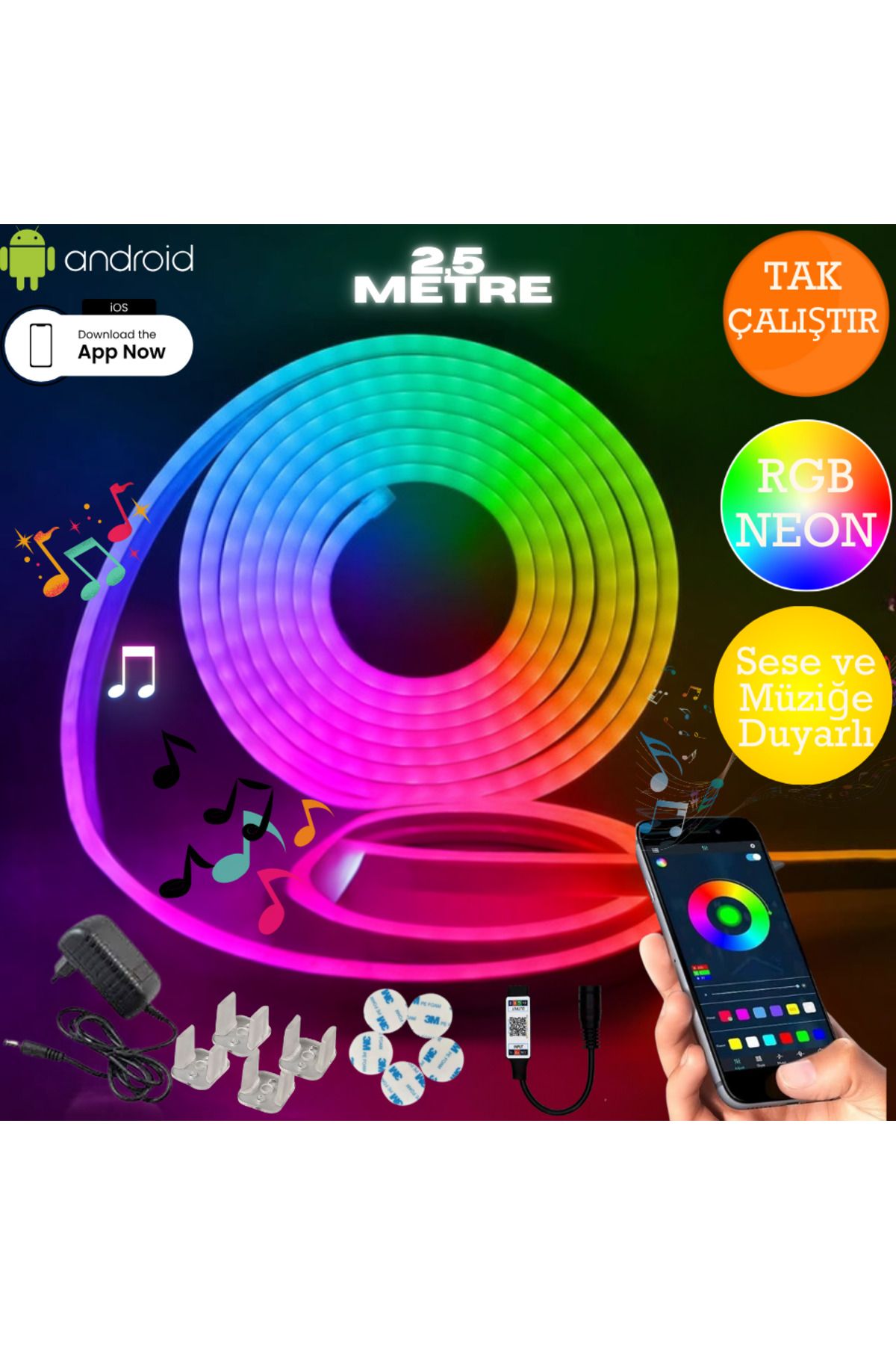 neeko NEON RGB LED - MOBİL KONTROL - Sese ve Müziğe Duyarlı - Full Renk- Tak Çalıştır - 2,5 Metre