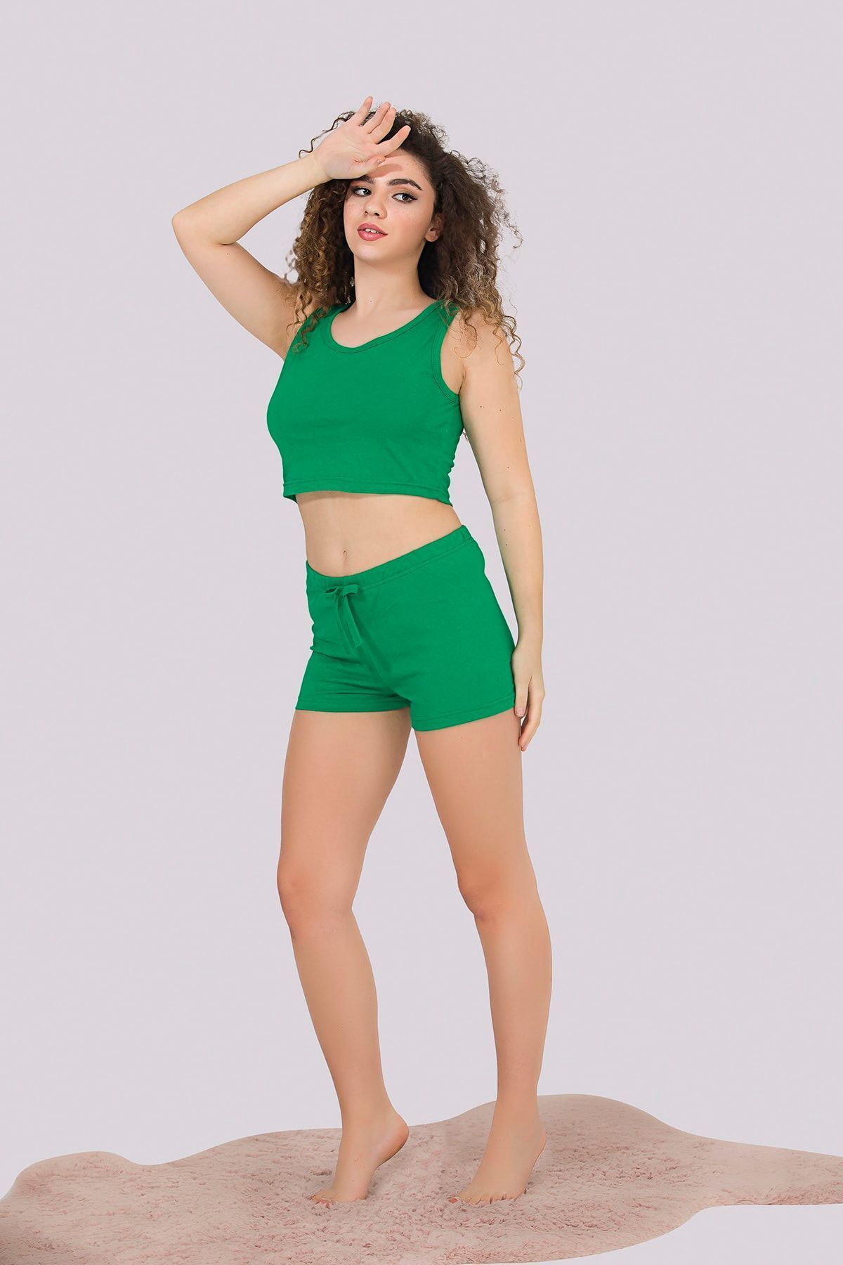MyBen Çimen Yeşil Renkli Kalın Askılı Şortlu Kadın Pijama Takımı 306