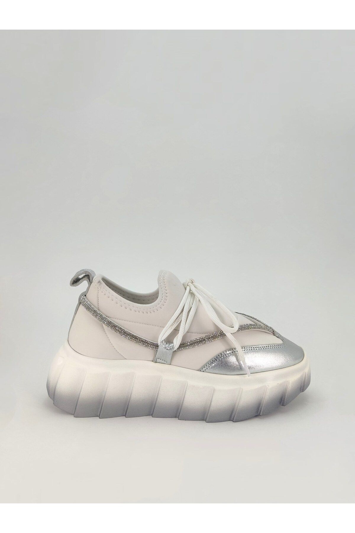 Seniorah Aletha Beyaz Streç Gümüş Sneaker Kadın Spor Ayakkabı
