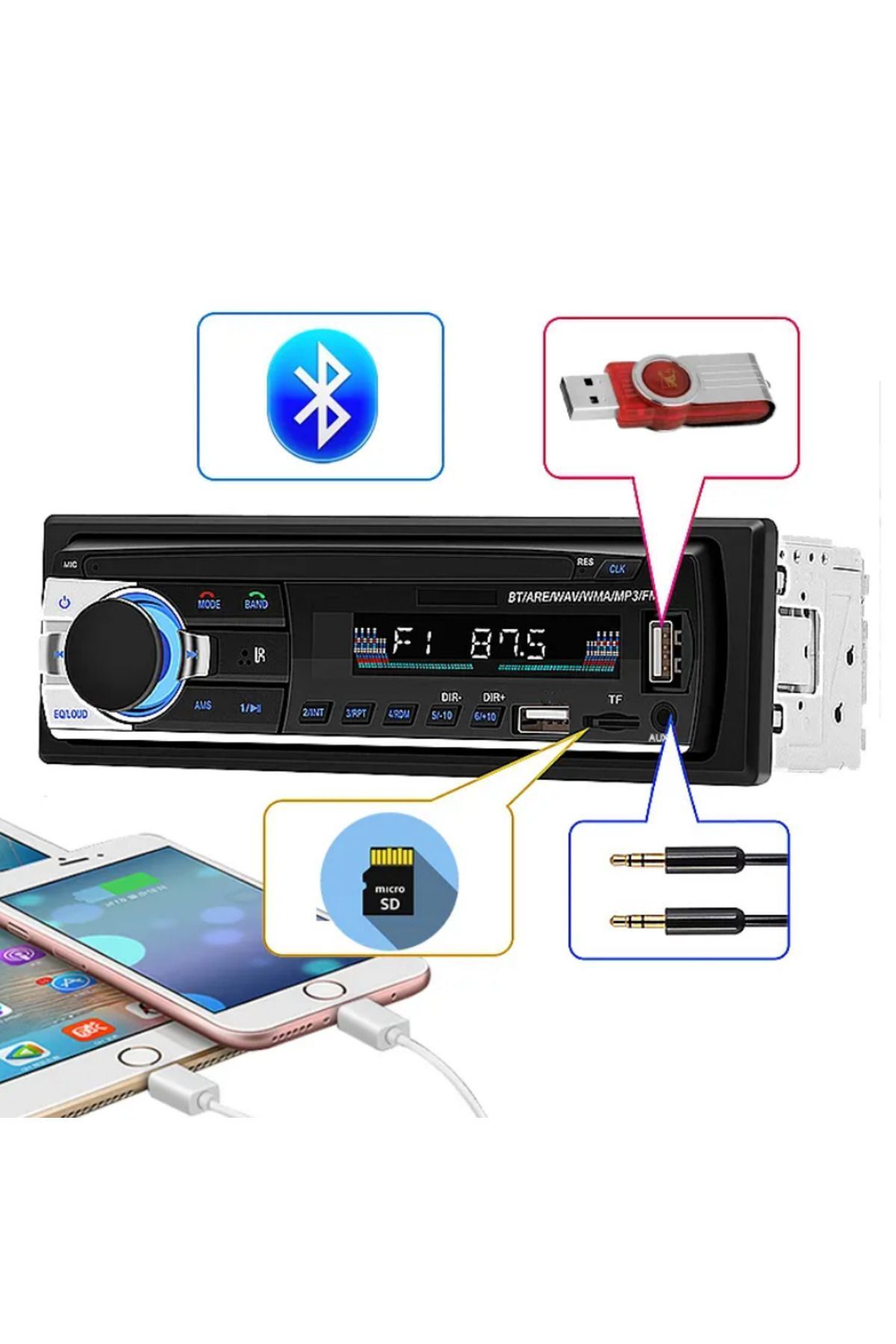Reidan Çift Usb Girişli Bluetooth Oto Teyp Araba Teybi Radyo Usb Sd Aux Teyp Amfi Çıkışlı 4x60 Watt