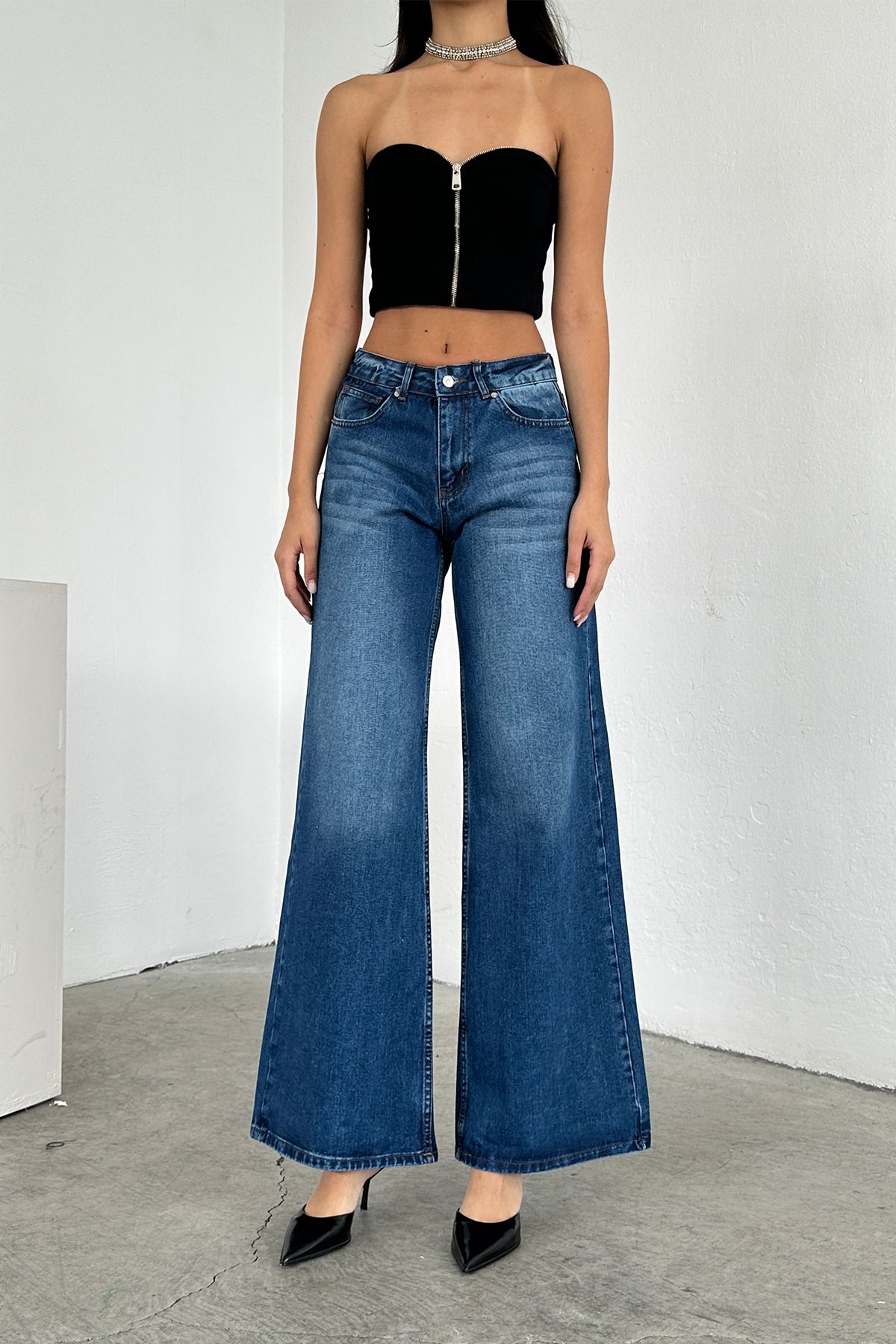 Brantu Kadın Koyu Mavi Wide Leg Geniş Paça Rahat Jean