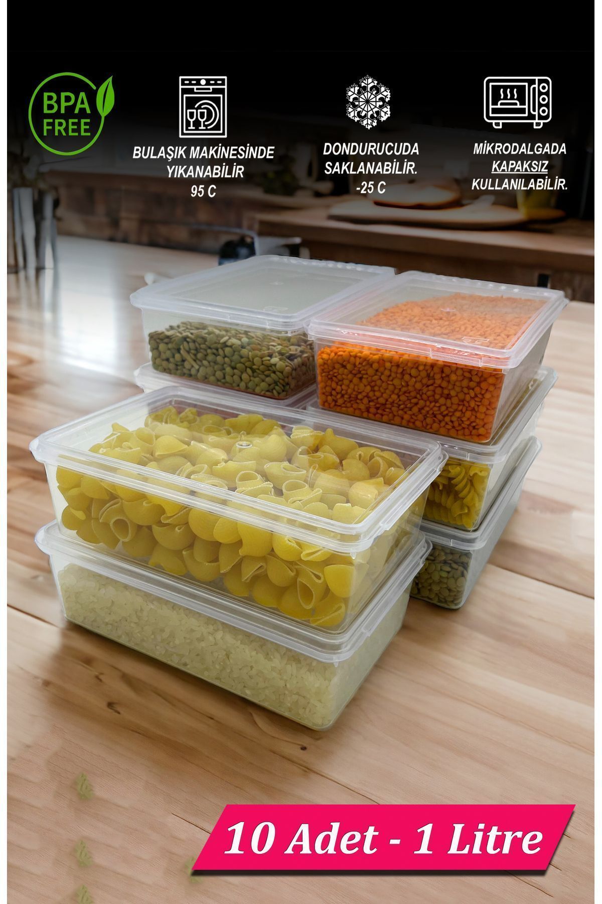 SUPERCUPP Plastik Kendinden Kilitli- Kapaklı Saklama Kabı Gıda&Yemek&Derin Dondurucu 1 Litre 10 Adet