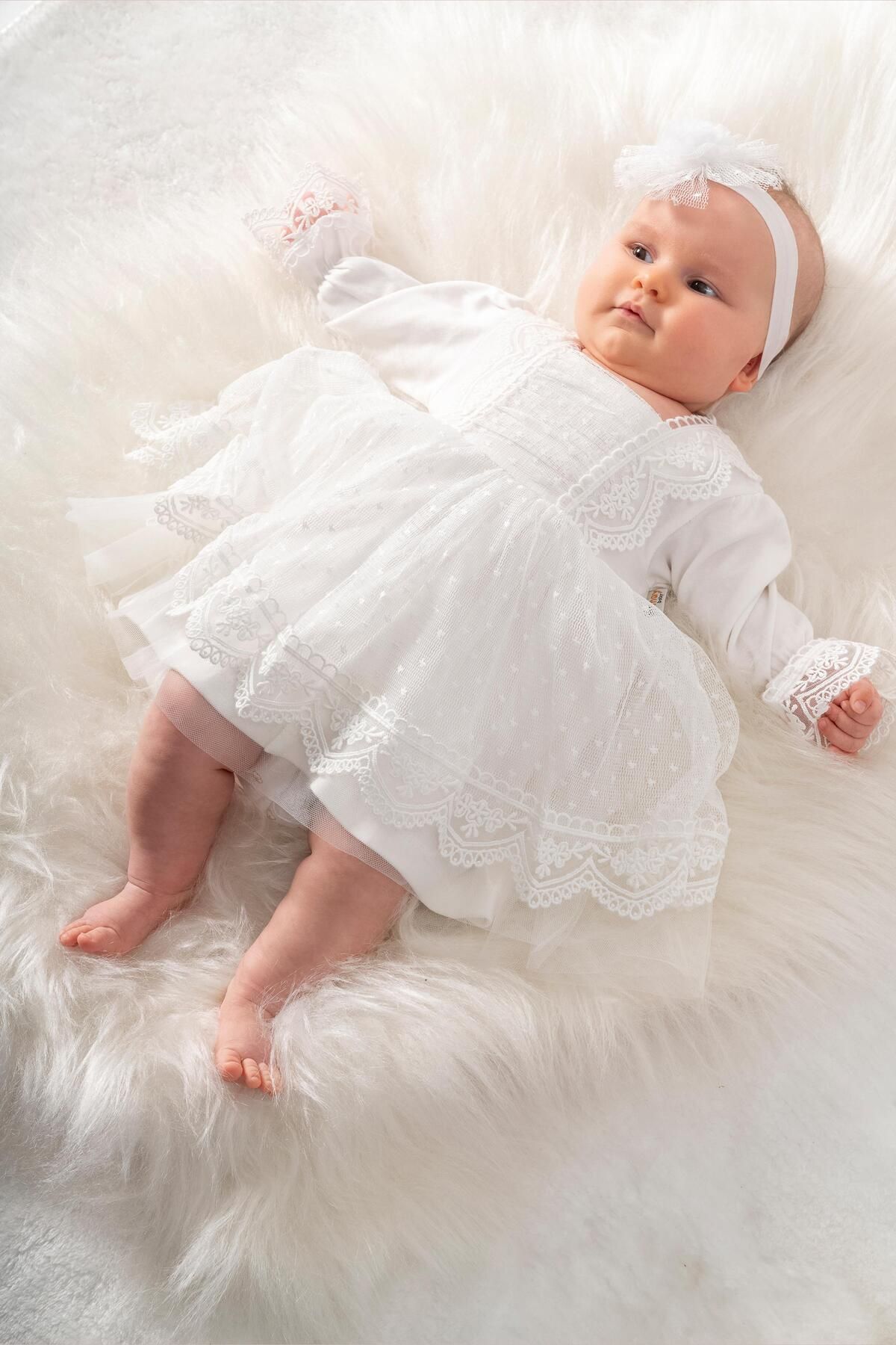 Sitilin Kız Bebek Mevlüt Elbisesi Gelinlik Fransız Dantelli Mevlit Takımı Bebek Mevlütlük Seti STL6565