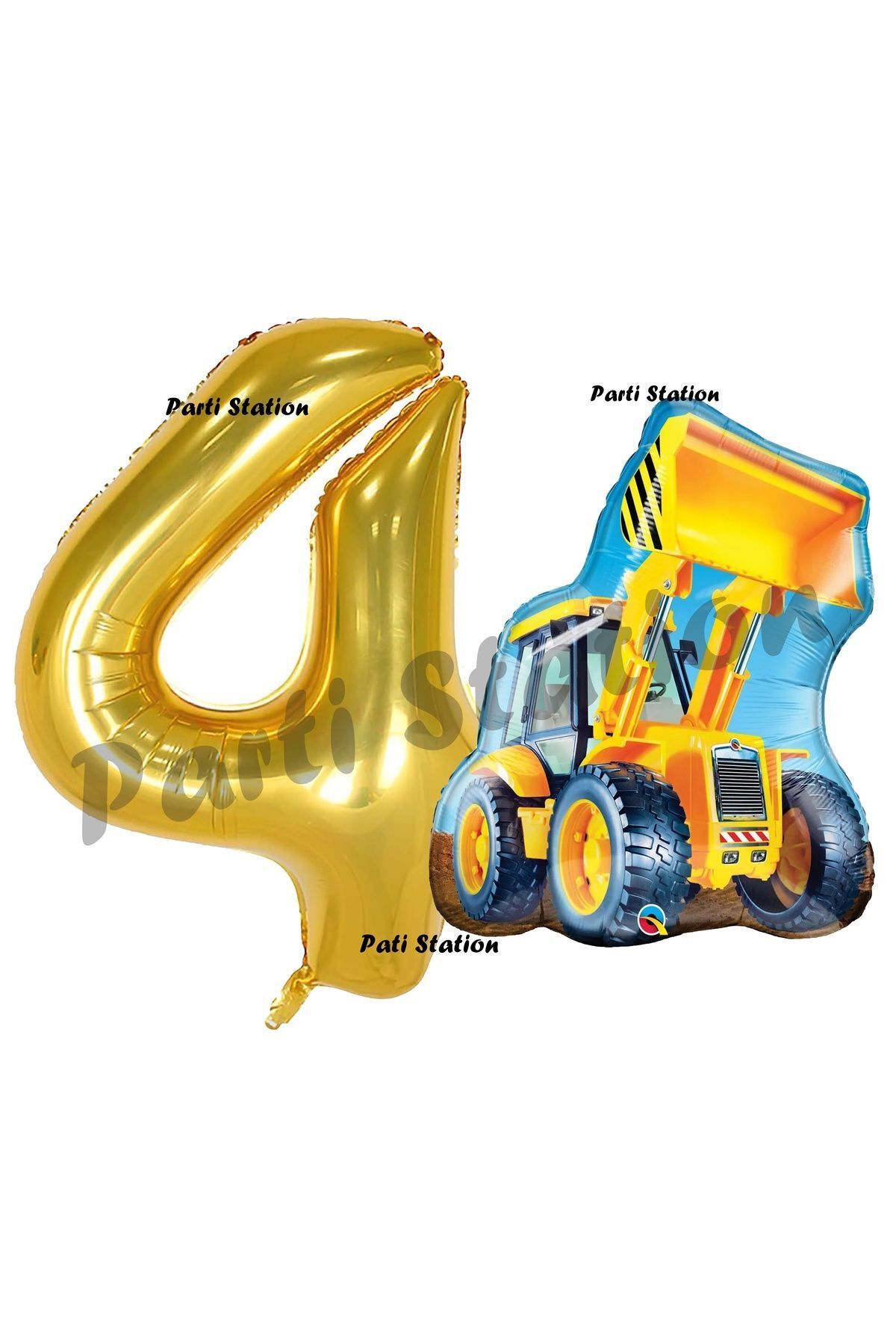 Parti Station İnşaat Konsept 4 Yaş Doğum Günü Balon Set Kepçe Balon ve Gold Rakam Balon Parti Set