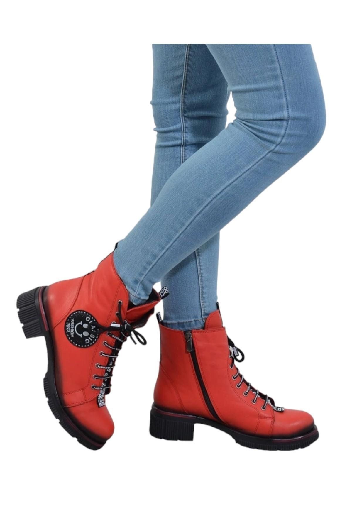 CassidoShoes Hakiki Deri Özel Tasarım Smile Logolu Kırmızı Kadın Bot 002-968