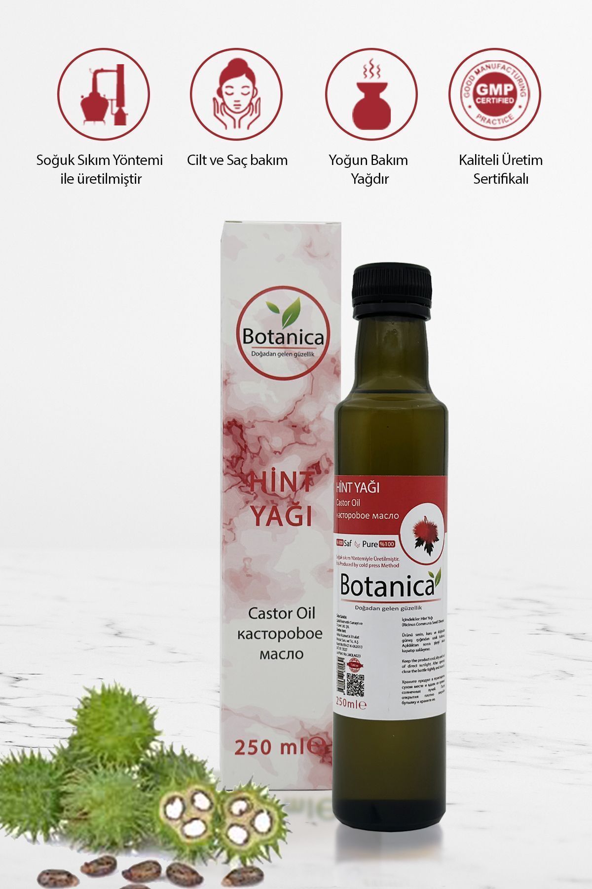 botanica Hint Yağı - Ricinus Communis - ( Dolgun Saç Ve Kirpikler ) Saç Ve Kirpik Nemlendirici Yağı 250 ml