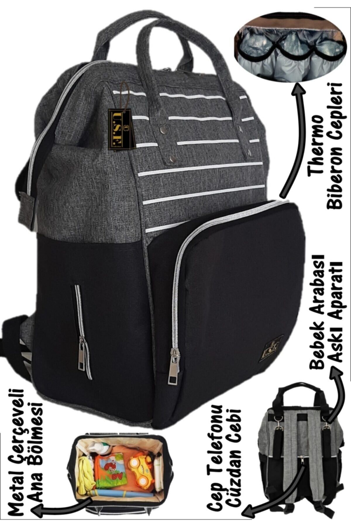 USF Bebek bakım Sırt çantası Anne Bebek Bakım Sırt Çantası - Çizgili Gri Siyah