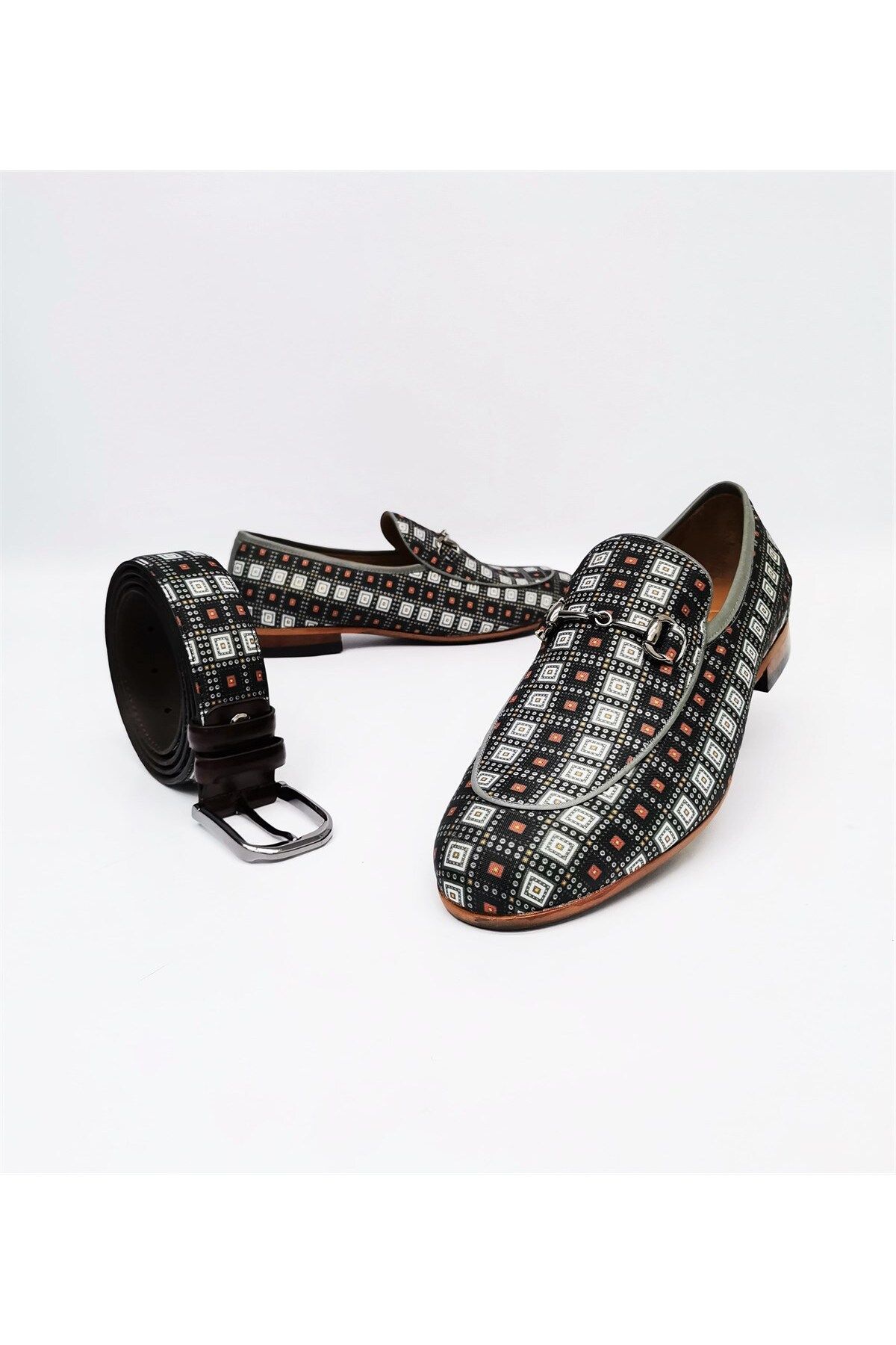 CassidoShoes Hakiki Deri Siyah Beyaz Kareli Zincir Detaylı Erkek Keten Ayakkabı Ve Kemer Set 022-3233