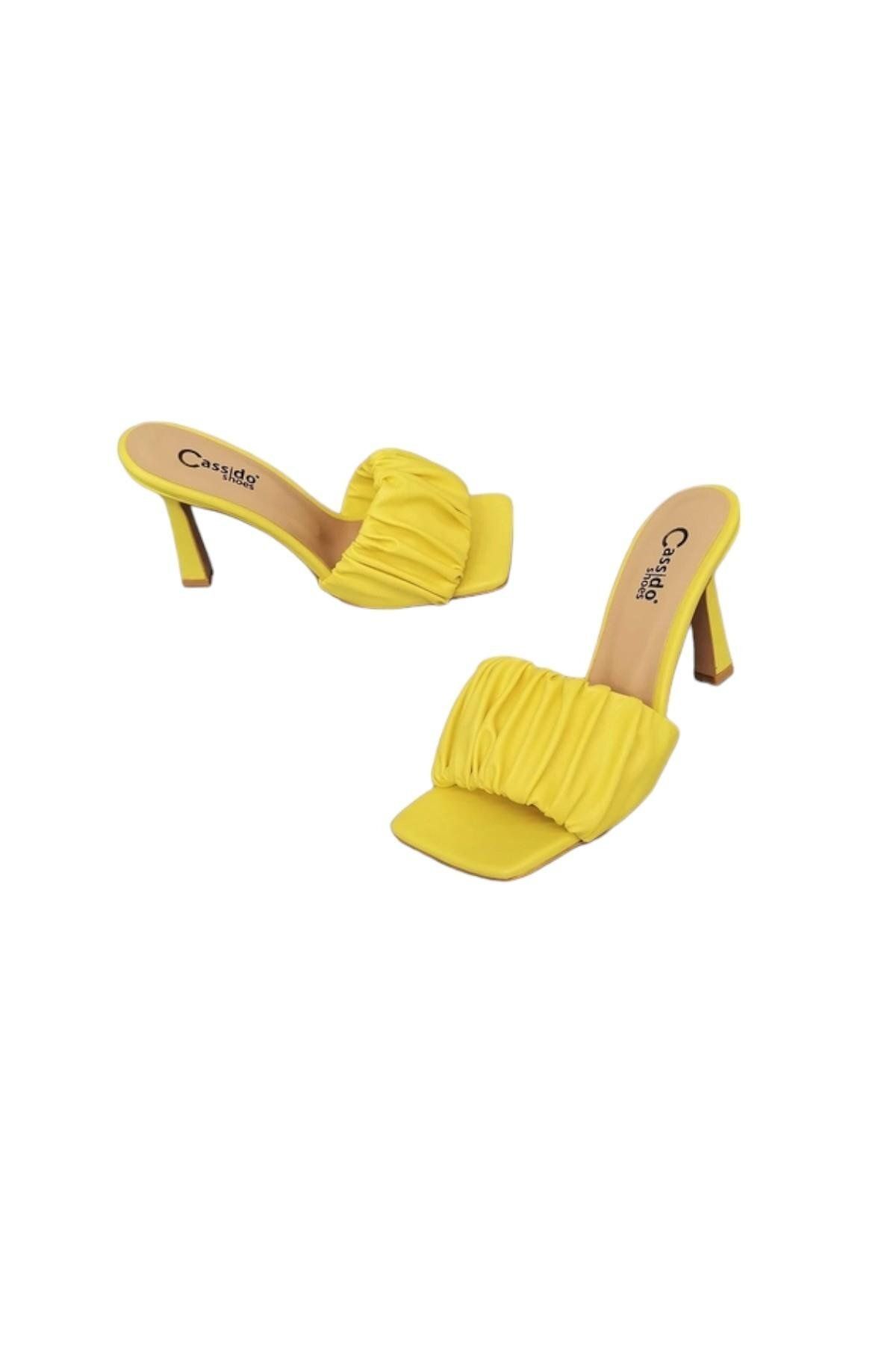 CassidoShoes Özel Tasarım Kadın Sarı Büzgülü Topuklu Terlik 012-140-131