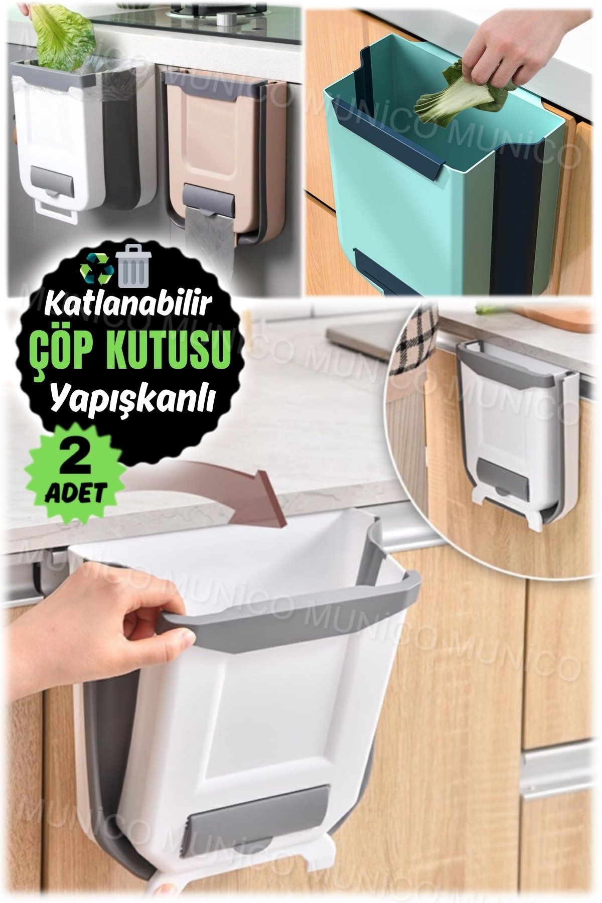 Munico 2 Adet Pratik Montaj Çöp Kutusu Kovası Katlanabilir Çöp Kovası Lavabo Filtresi ile Çöp Kutusu
