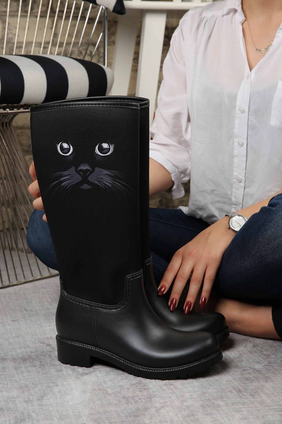 Ccway Kedili Yağmur Çizmesi Siyah