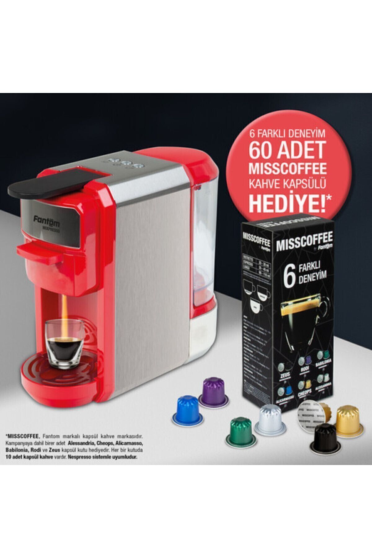 FANTOM Mıxpresso Kapsüllü Kahve Makinesi 60 Adet Kapsül Hediyeli Kırmızı