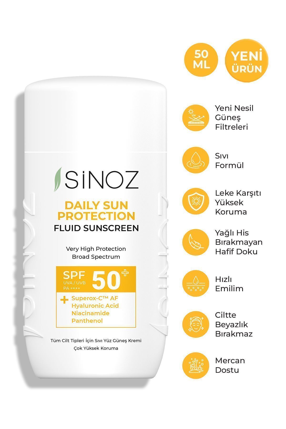 Sinoz Spf50 Günlük Kullanım Sıvı Yüz Güneş Kremi - Yeni Nesil Güneş Filtreleri Ile Hibrit Formül 50ml