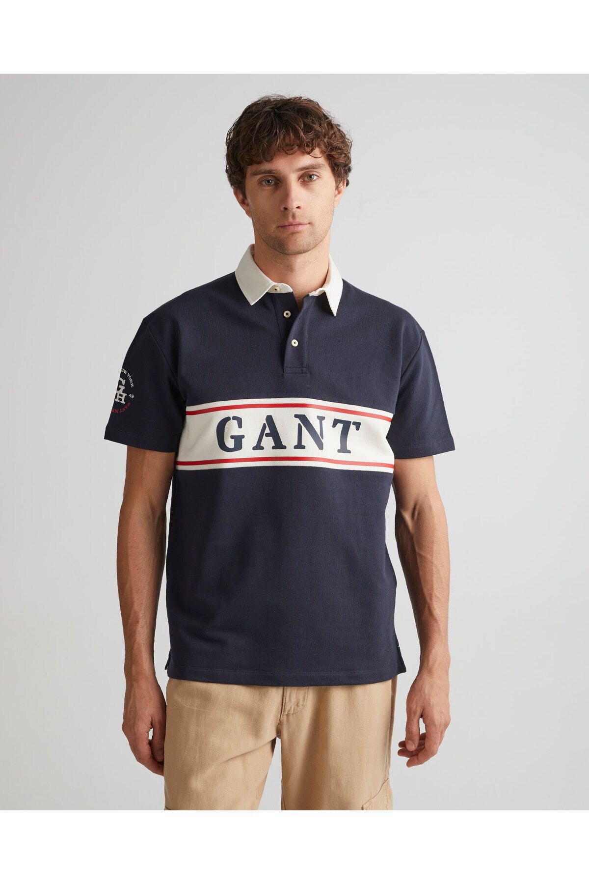 Gant Erkek Lacivert Oversize Fit Polo Yaka Renk Bloklu Logolu Rugby