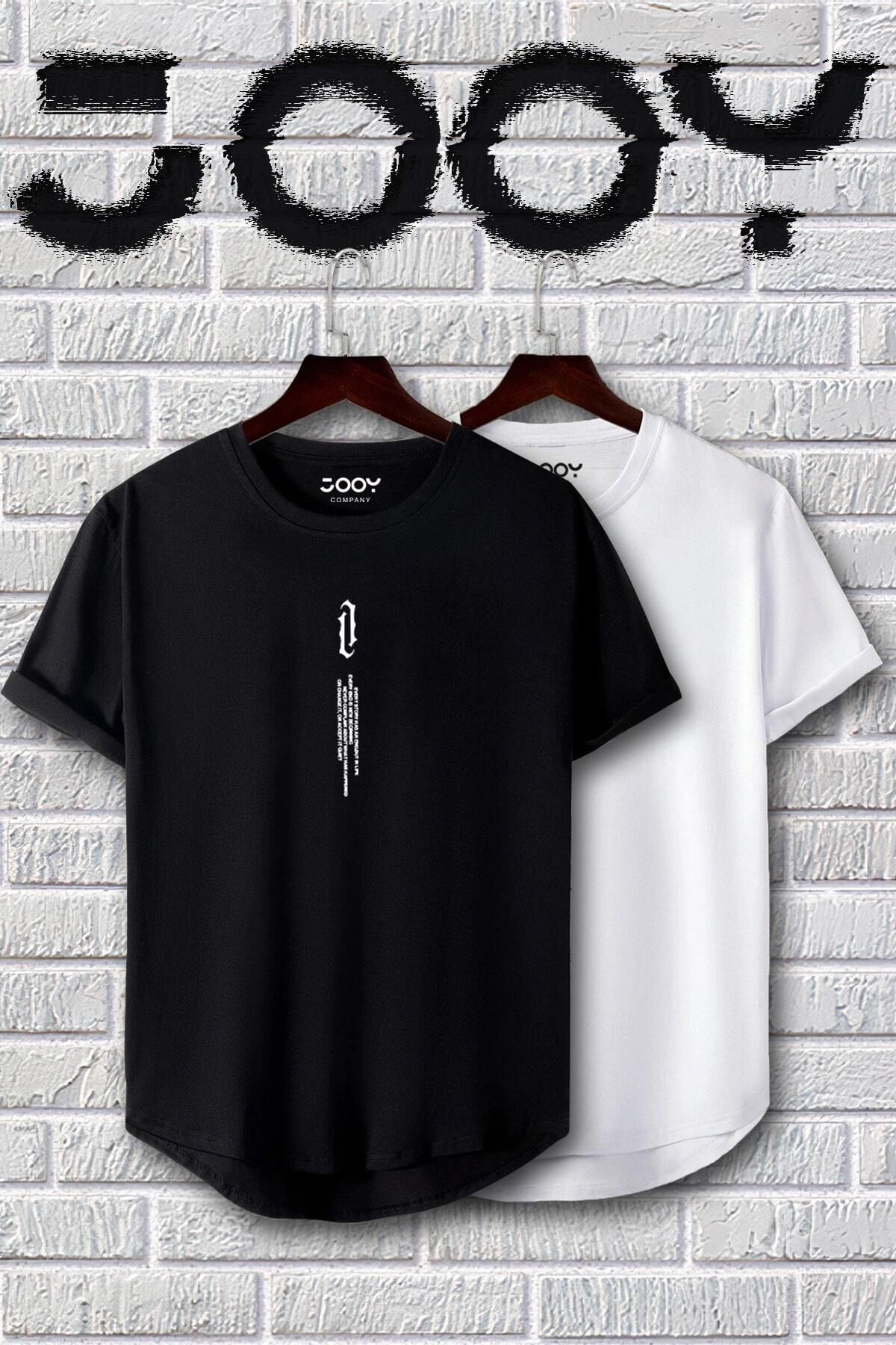 Jooy Company Dikey Baskılı Siyah Beyaz Oval Kesim Slim Fit Dar Kalıp Tshirt 2'li Set