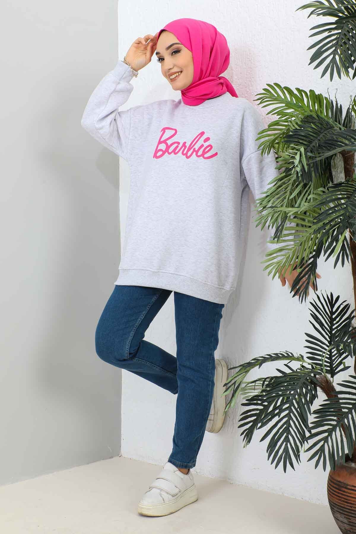 İmajButik Gri Barbie Baskılı Üç Iplik Sweatshirt