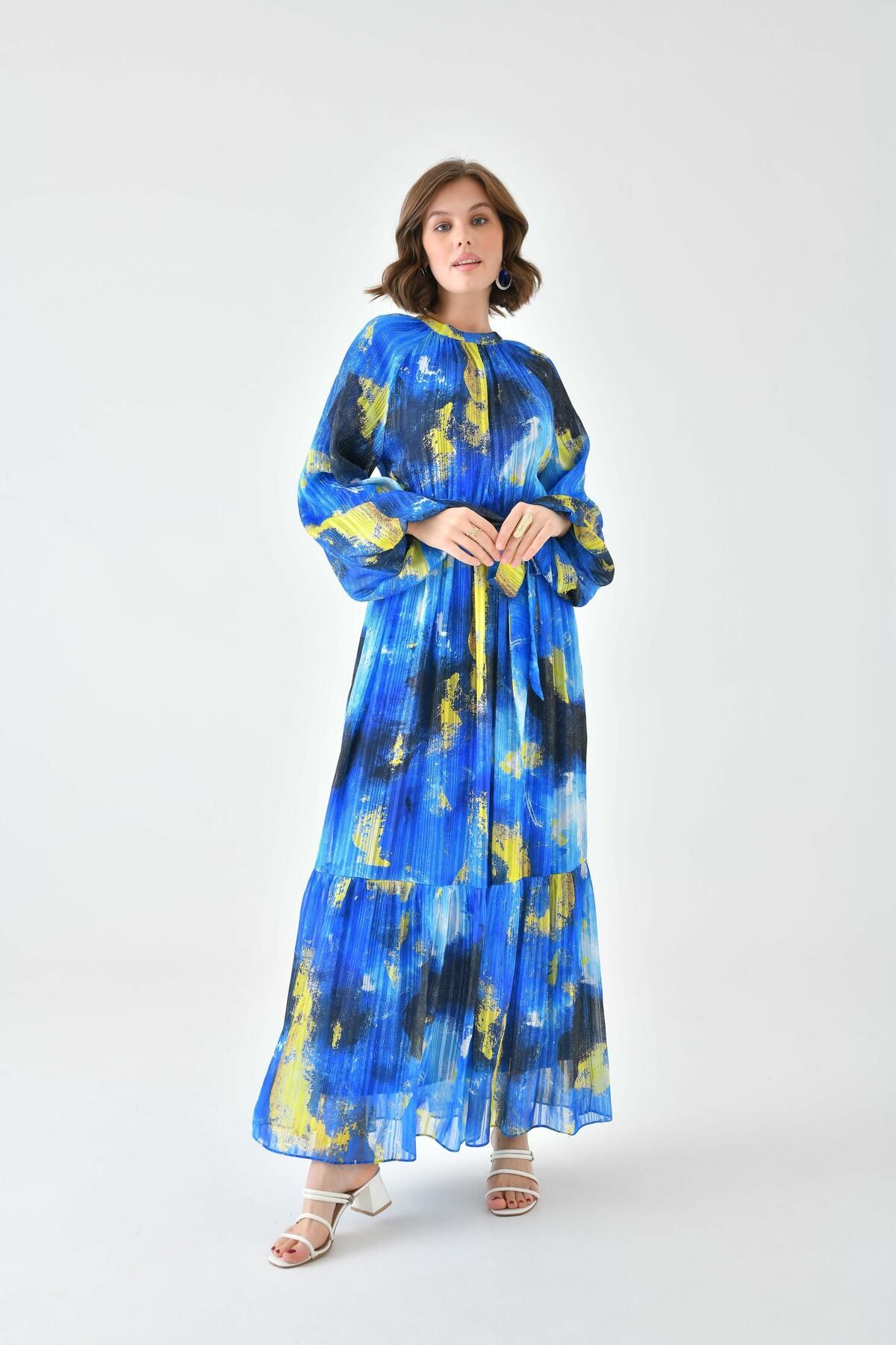 FTZ WOMEN Kadın Desenli Elbise Saks Mavi 30740