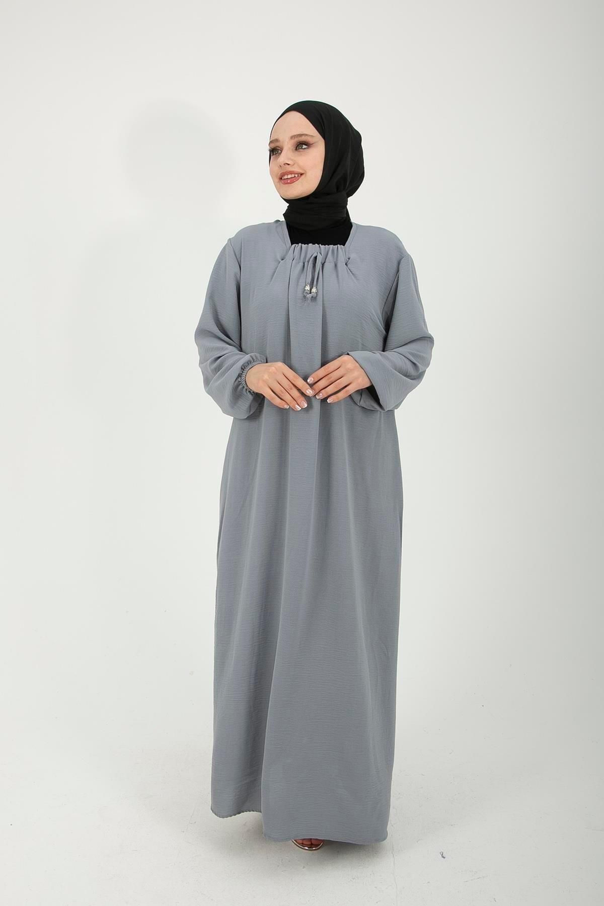 Yağızlar Giyim Kadın Gri Önü Büzgülü Ayrobin Elbise